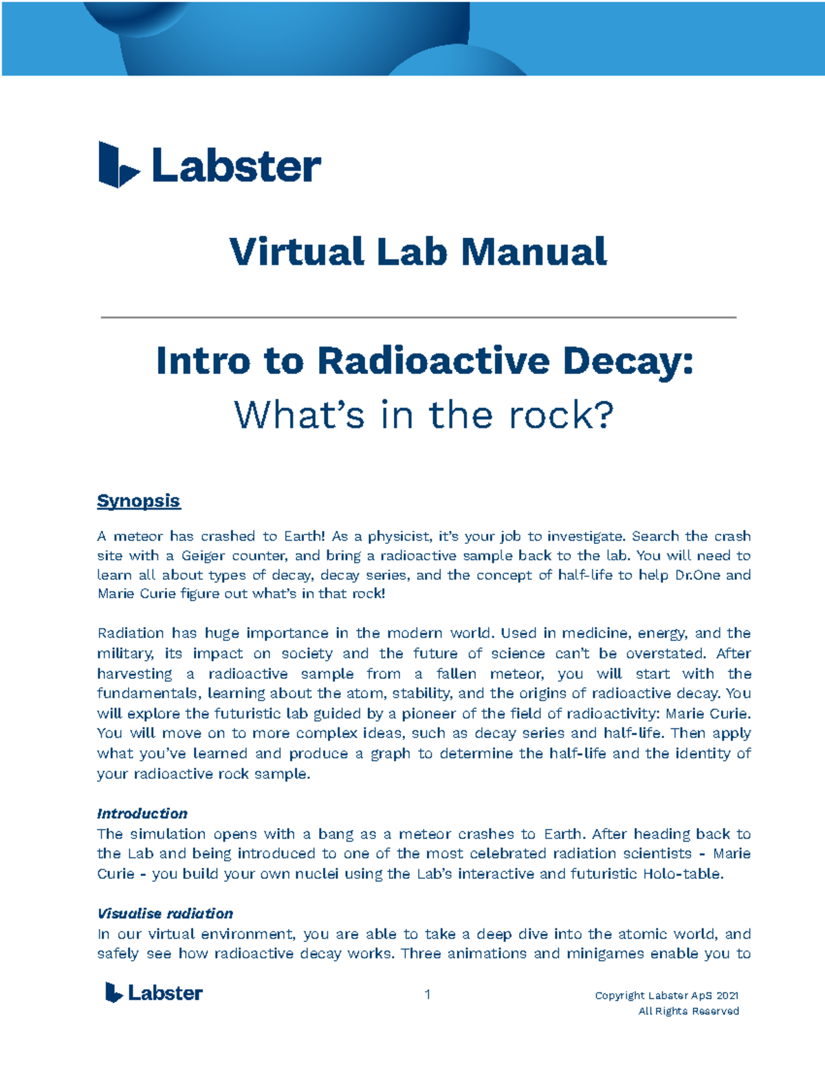 Lab Manual Intro to Radioactive Decay Lab Manual Virtual Lab Manual