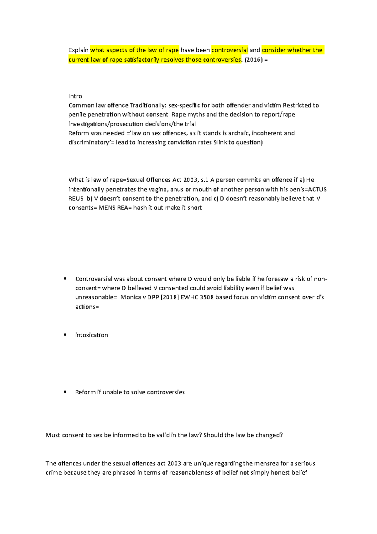 RAPE - essay practice material - Explain what aspects of the law of ...