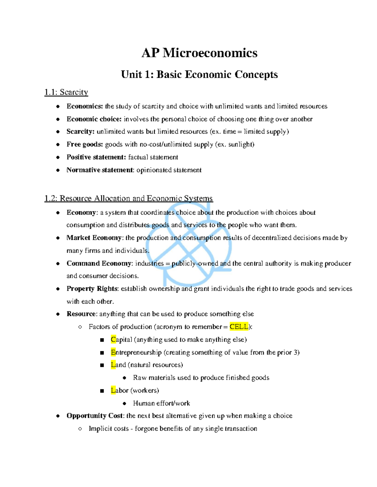 Eco Unit 1 Notes - AP Microeconomics Unit 1: Basic Economic Concepts 1 ...