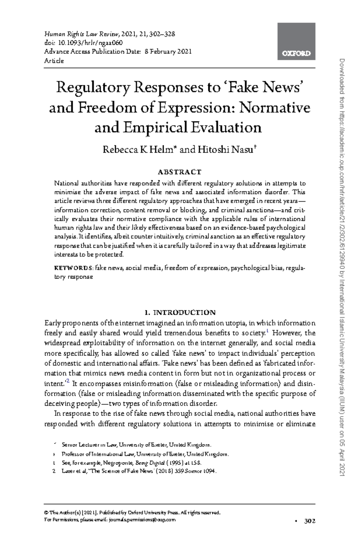 Article fake news - notes - Human Rights Law Review, 2021, 21, 302– doi ...