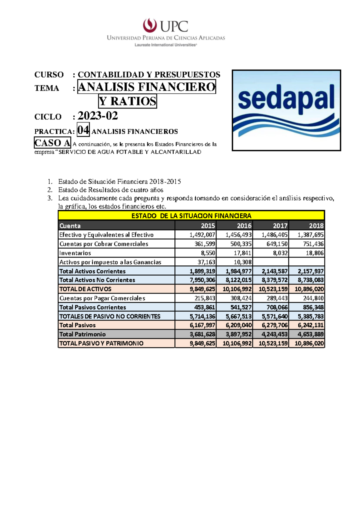 PD 04 Sedapal Ratios CASA Y Estilo Enunciado - CURSO : CONTABILIDAD Y ...