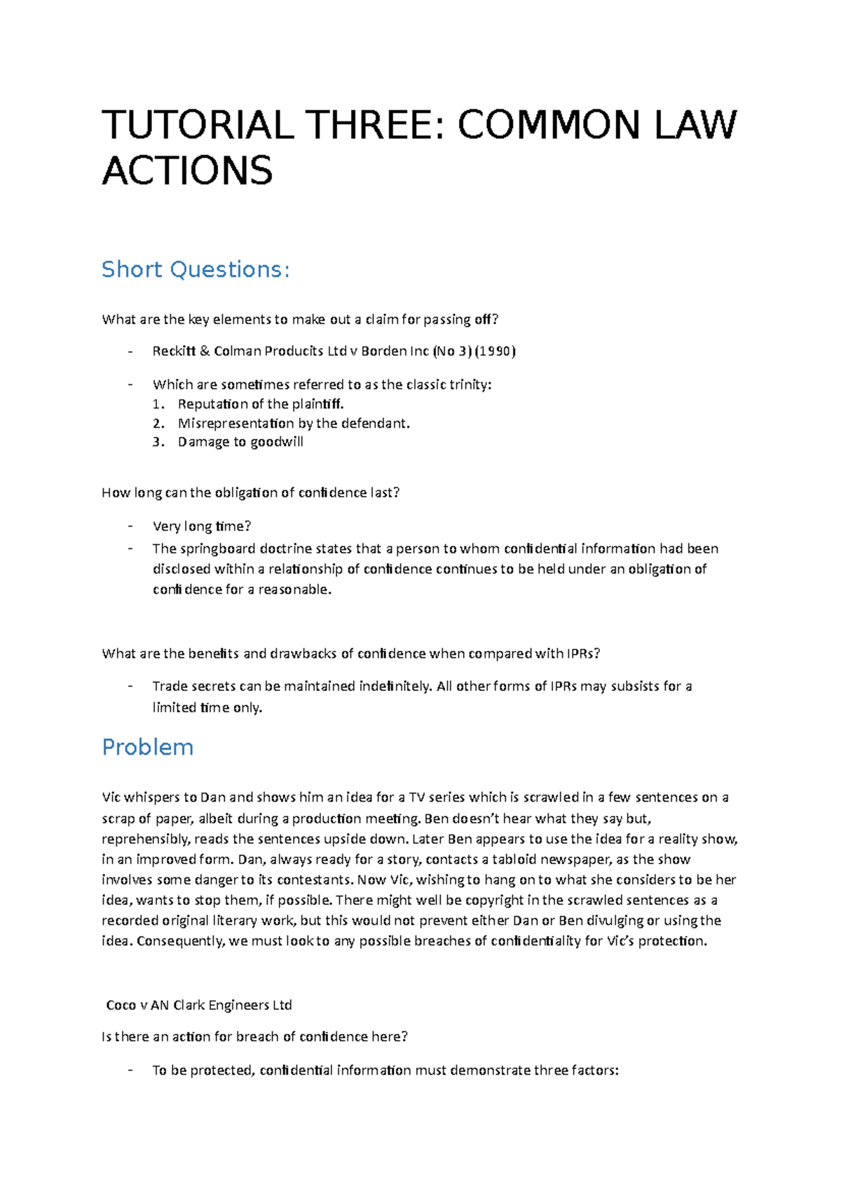 Tutorial 3 - Common Law Actions - TUTORIAL THREE: COMMON LAW ACTIONS ...