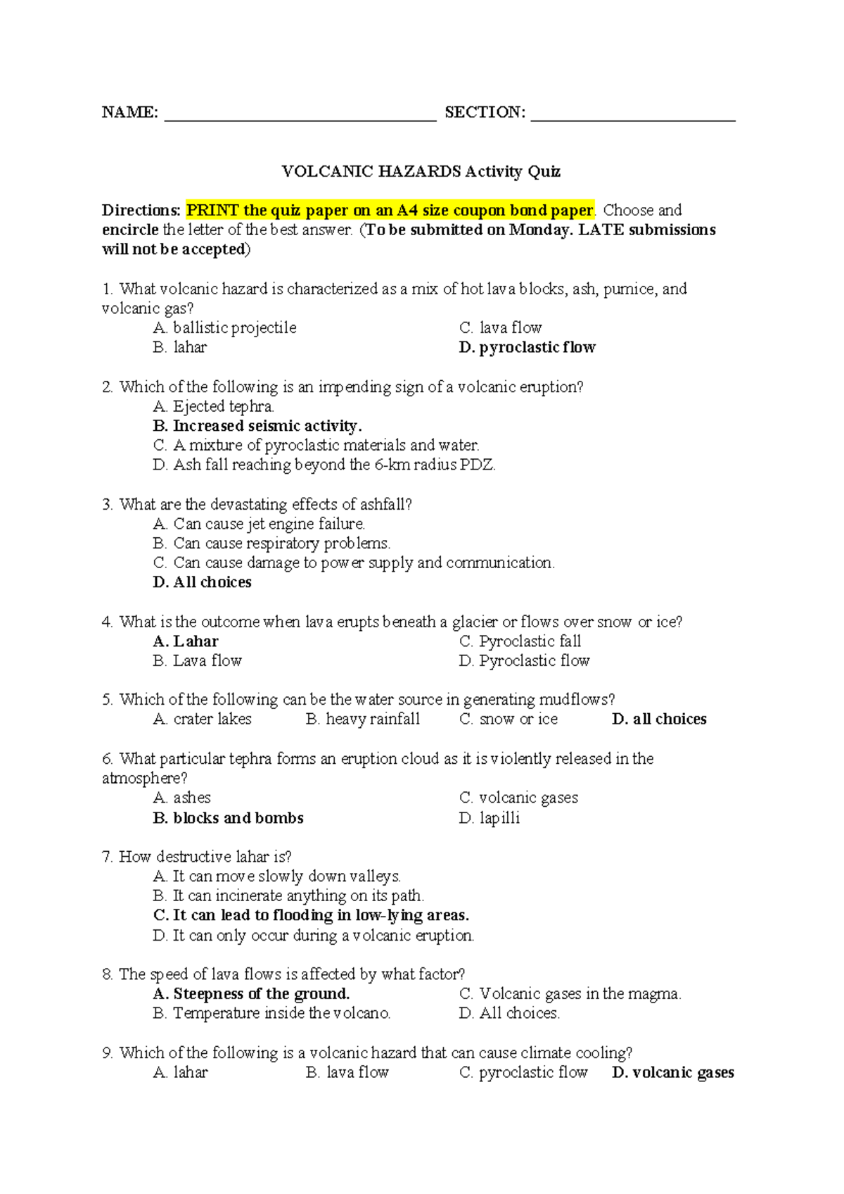 Volcanic Hazard Activity Quiz 1 - NAME ...