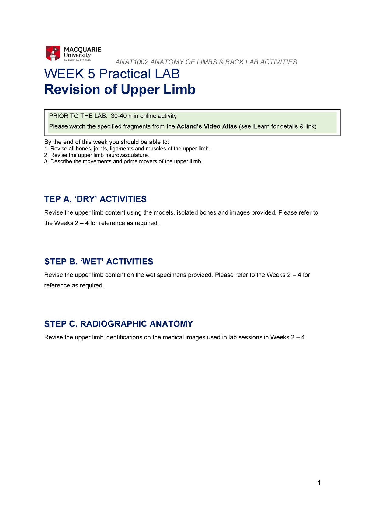 Lab4 week 4 practical test 1 - ANAT1002 ANATOMY OF LIMBS & BACK LAB  ACTIVITIES WEEK 5 Practical - Studocu