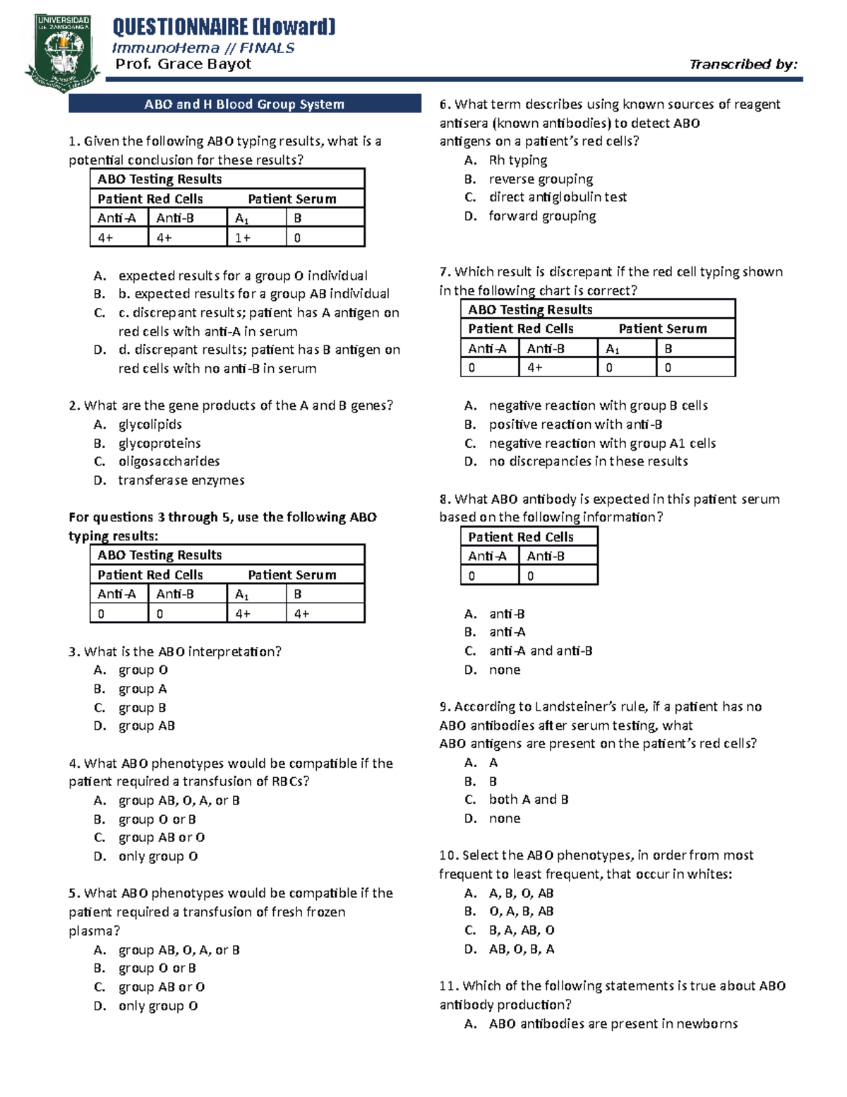 Questionnaire - blood Bank - ImmunoHema // FINALS Prof. Grace Bayot ...