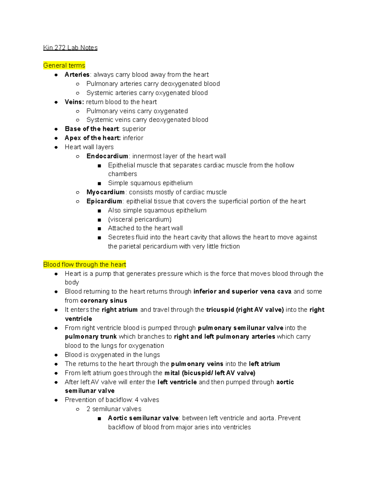 Kin 272 Lab Notes - Kin 272 Lab Notes General terms Arteries: always ...