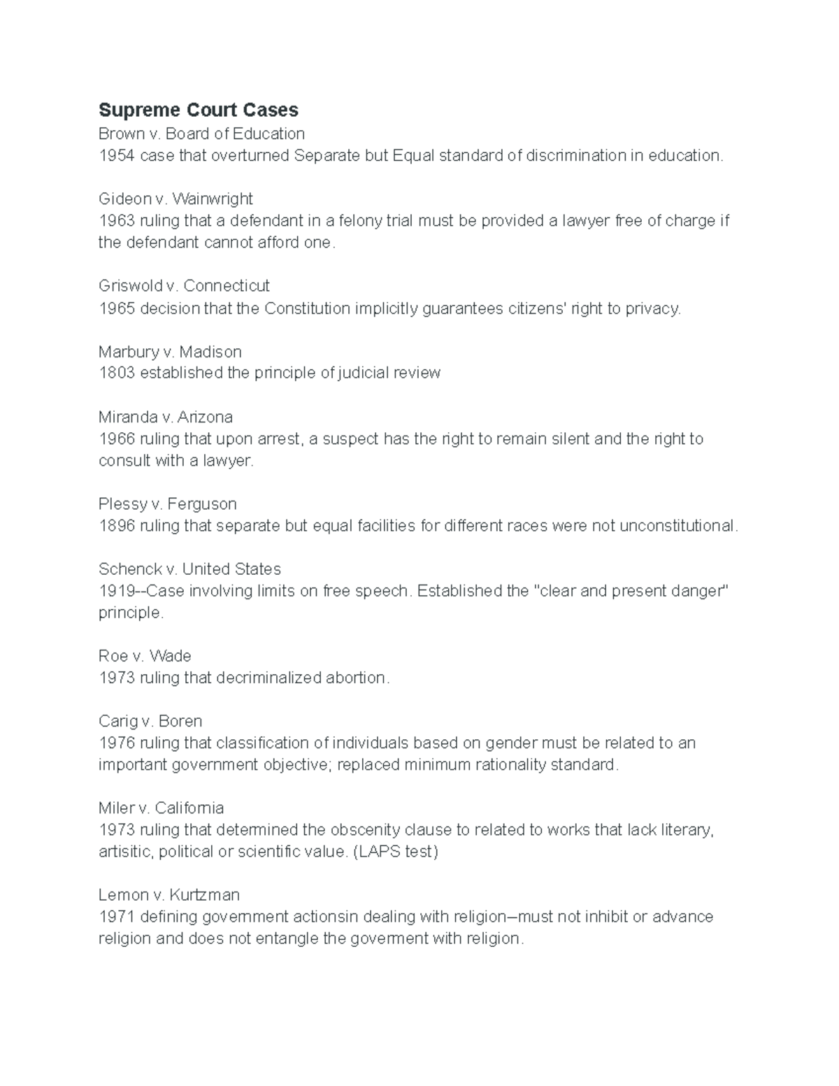 AP Gov Cheat Sheet Bunch Of Court Cases And Descriptions Supreme 