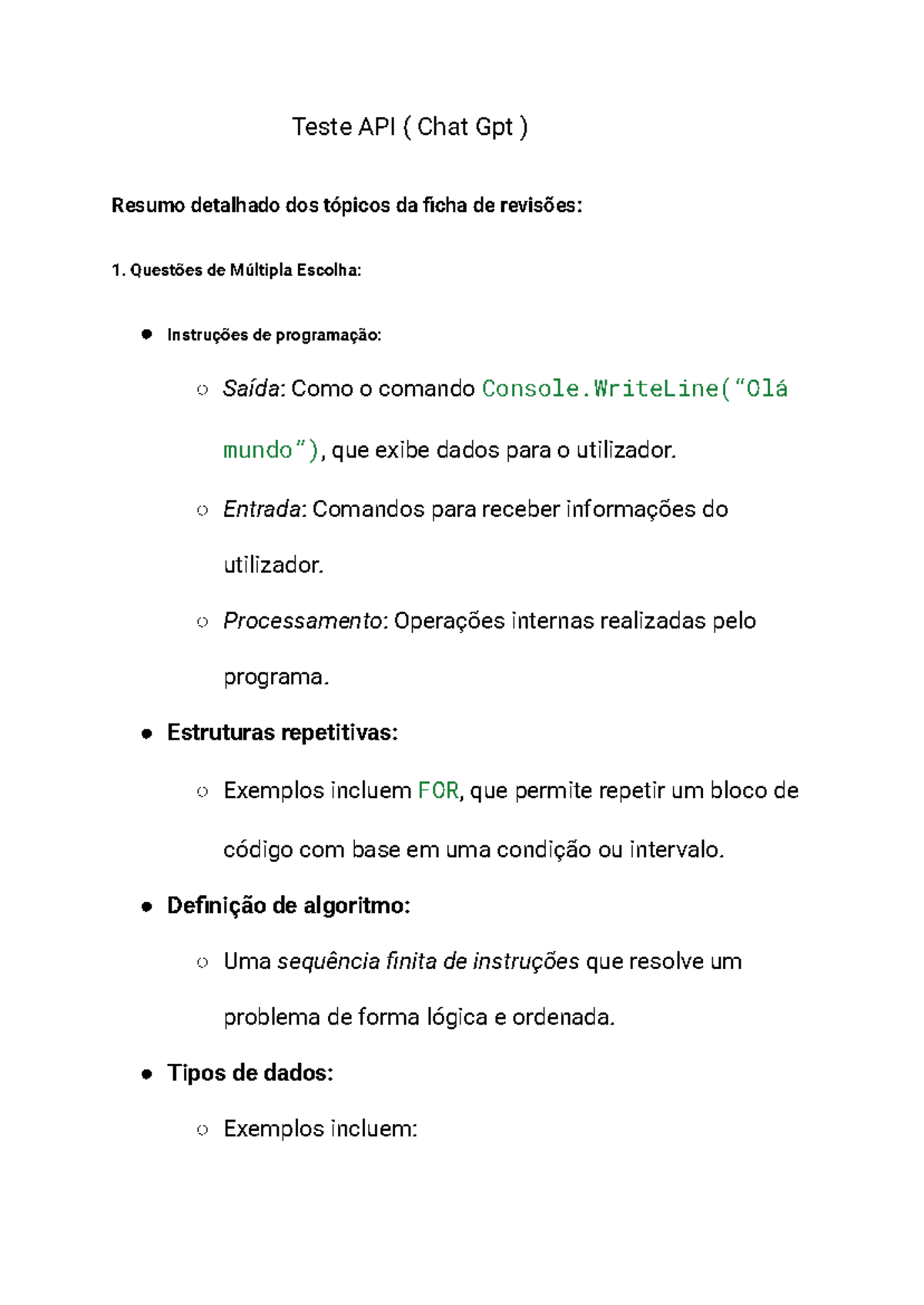 Teste API - ,,,,,, - Teste API ( Chat Gpt ) Resumo detalhado dos ...