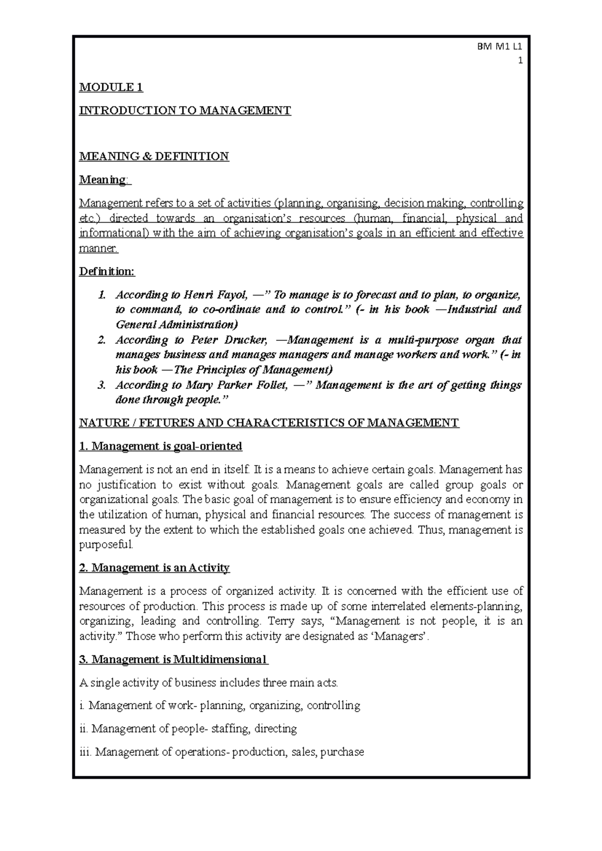 BM M1 L1 business management 1 MODULE 1 INTRODUCTION TO MANAGEMENT