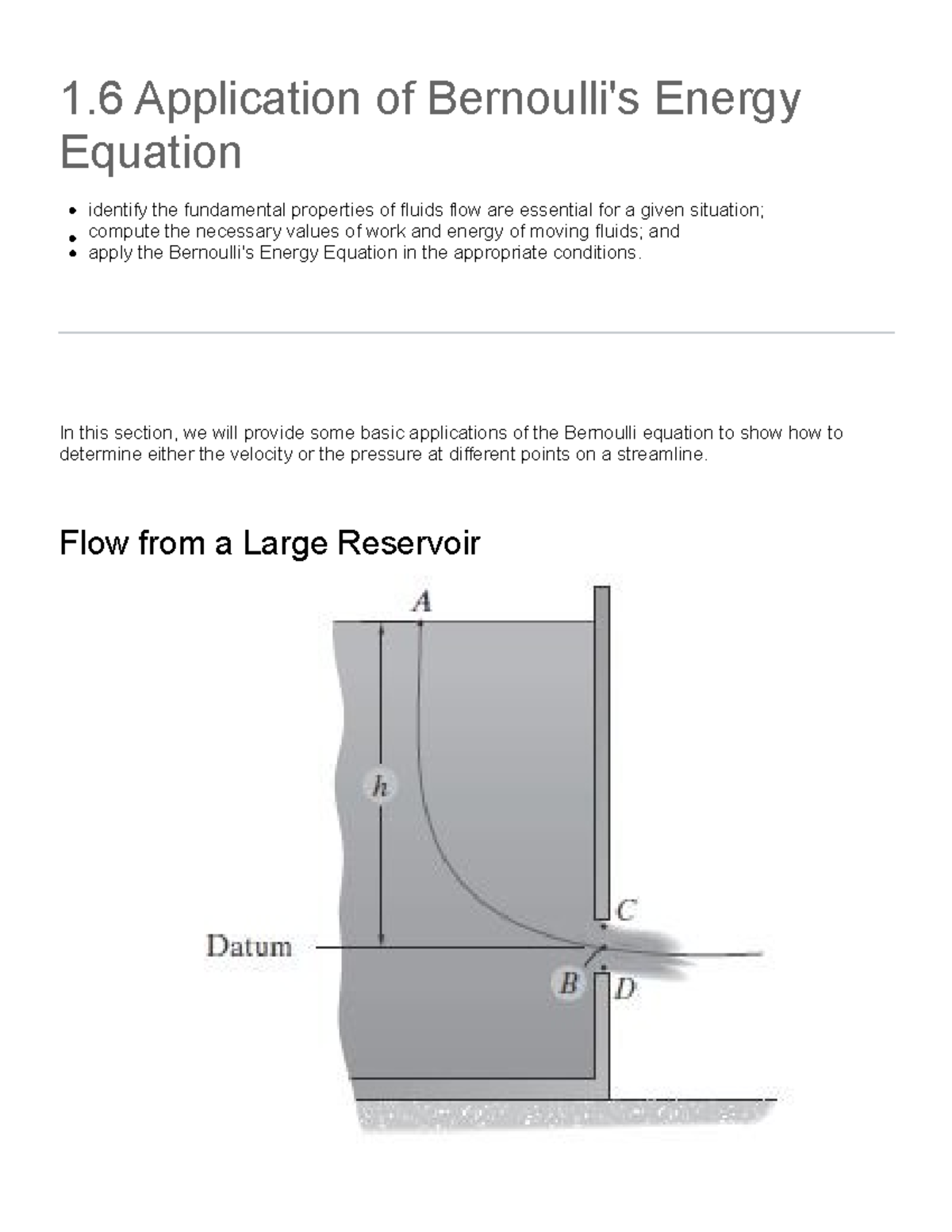 1.6 Application of Bernoulli's Energy Equation CE 319 Hydraulics