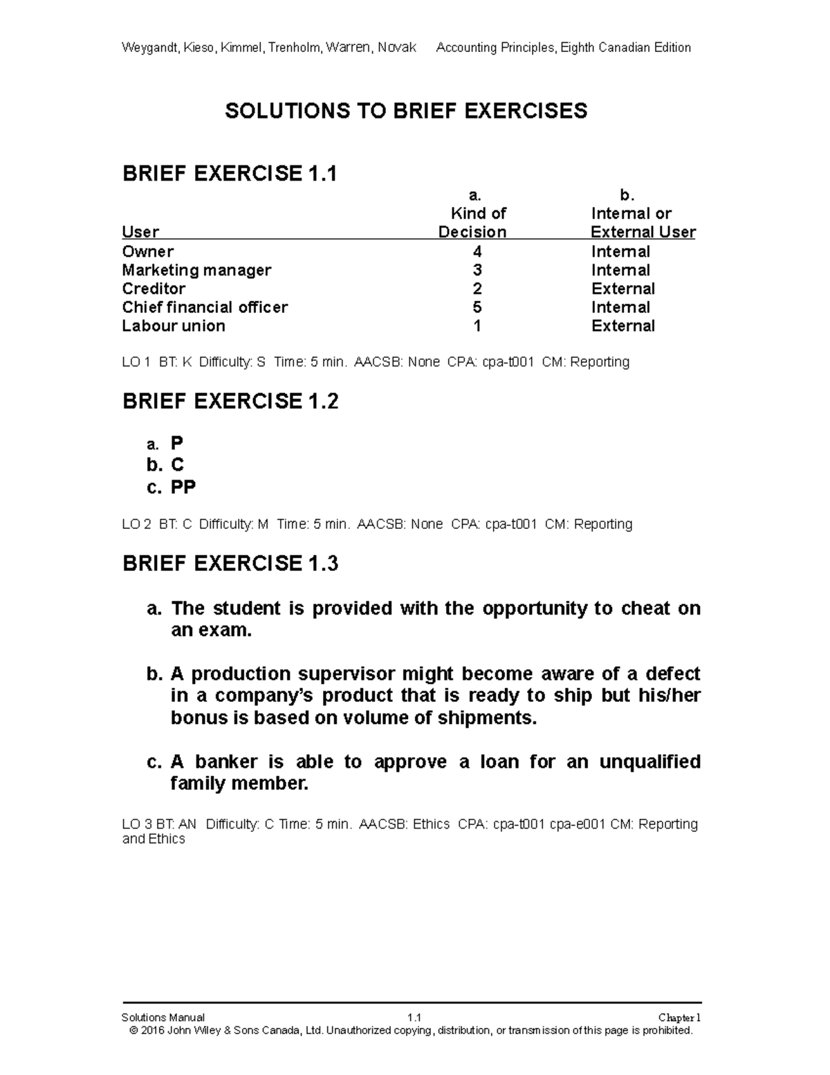 chapter 1 Fundamental of Accounting SOLUTIONS TO BRIEF EXERCISES