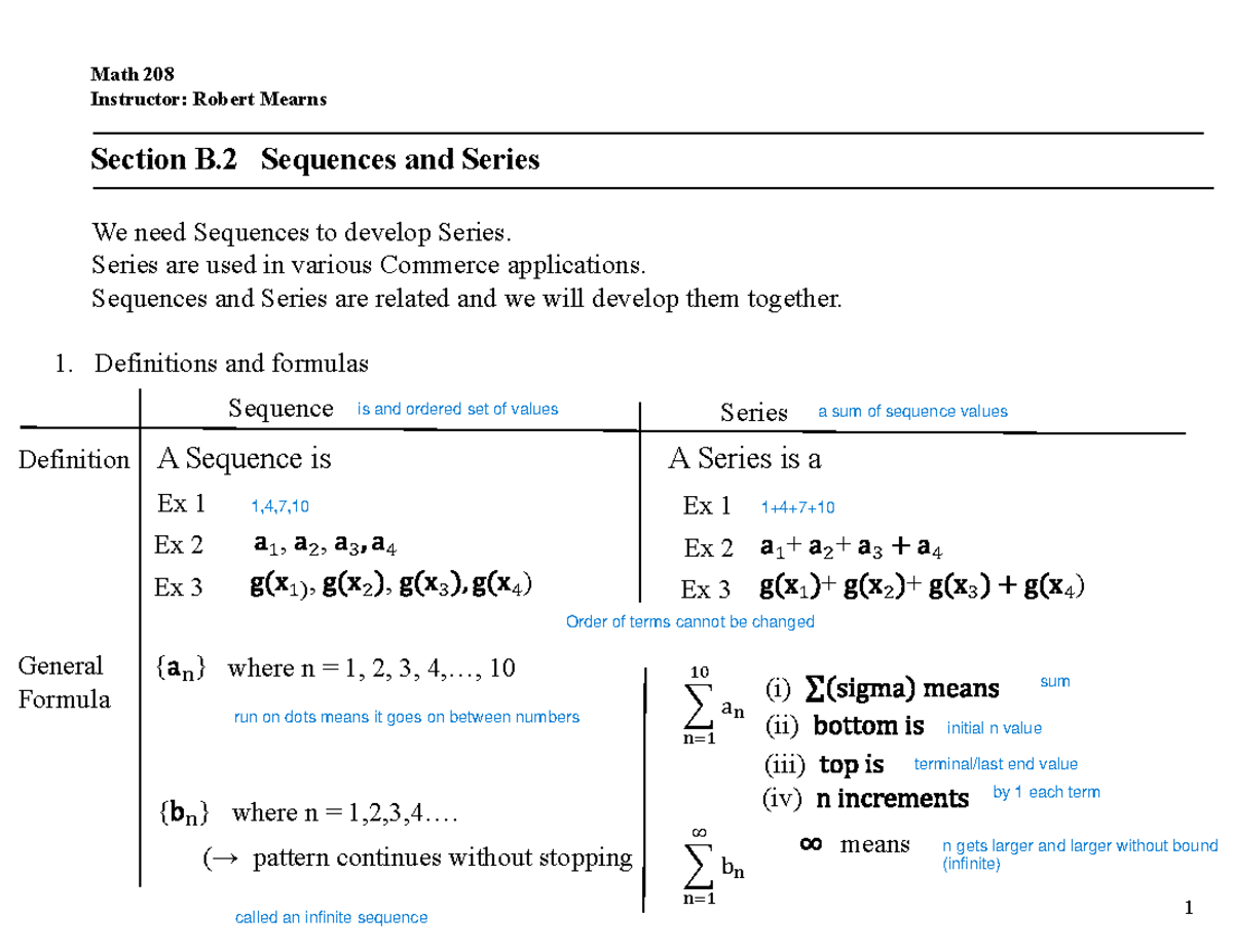 Note Outline Sec B - Sequences and Series - Math 208 Instructor: Robert ...
