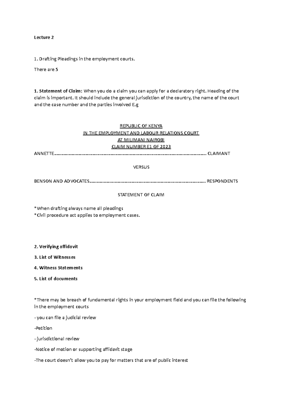 Lecture 2 - Lecture 2 Drafting Pleadings in the employment courts ...