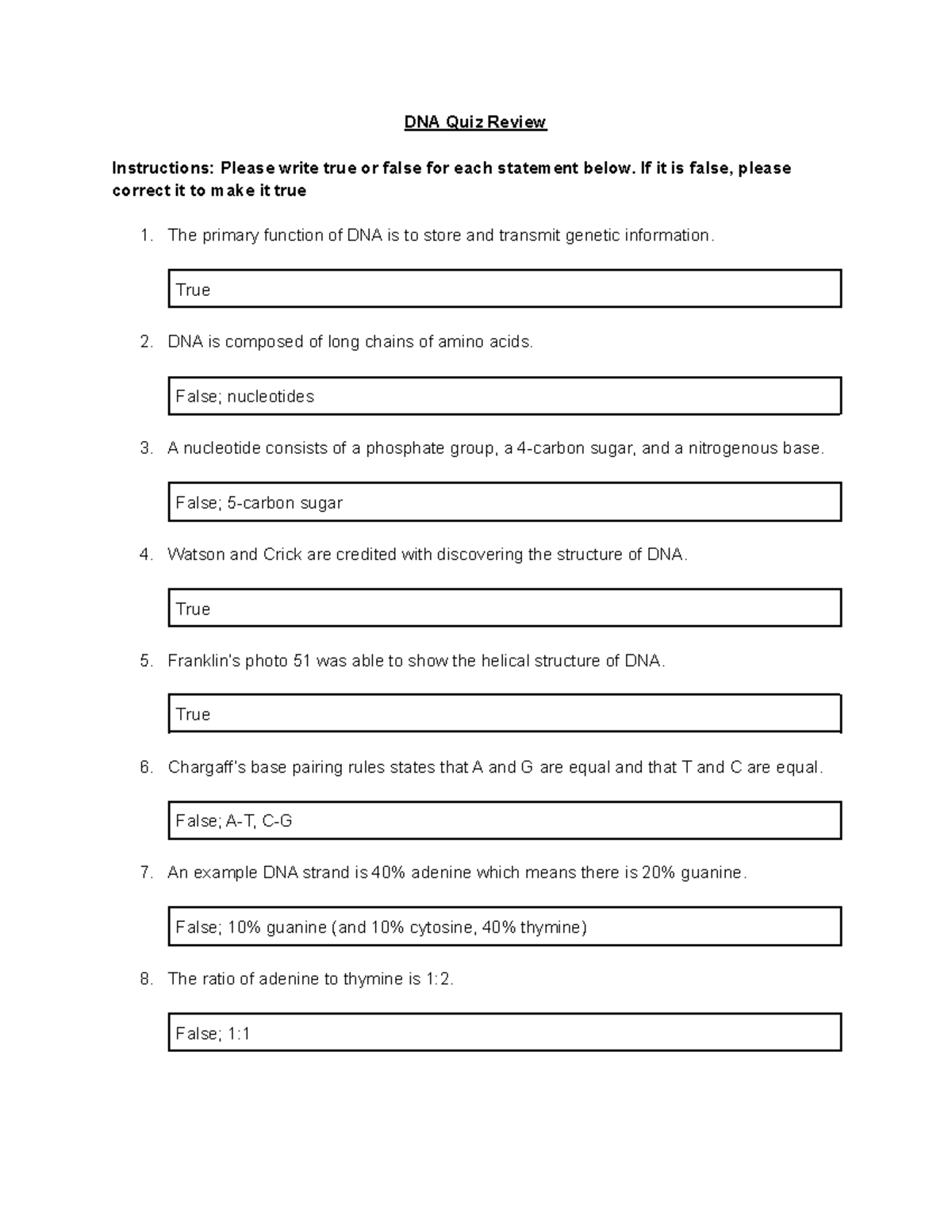 Dna Structure And Function Answer Key