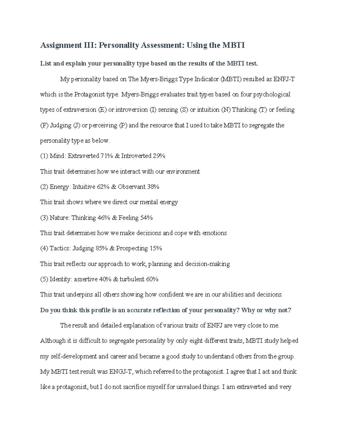 Assignment 3 - ASS 3 - Assignment III: Personality Assessment: Using ...