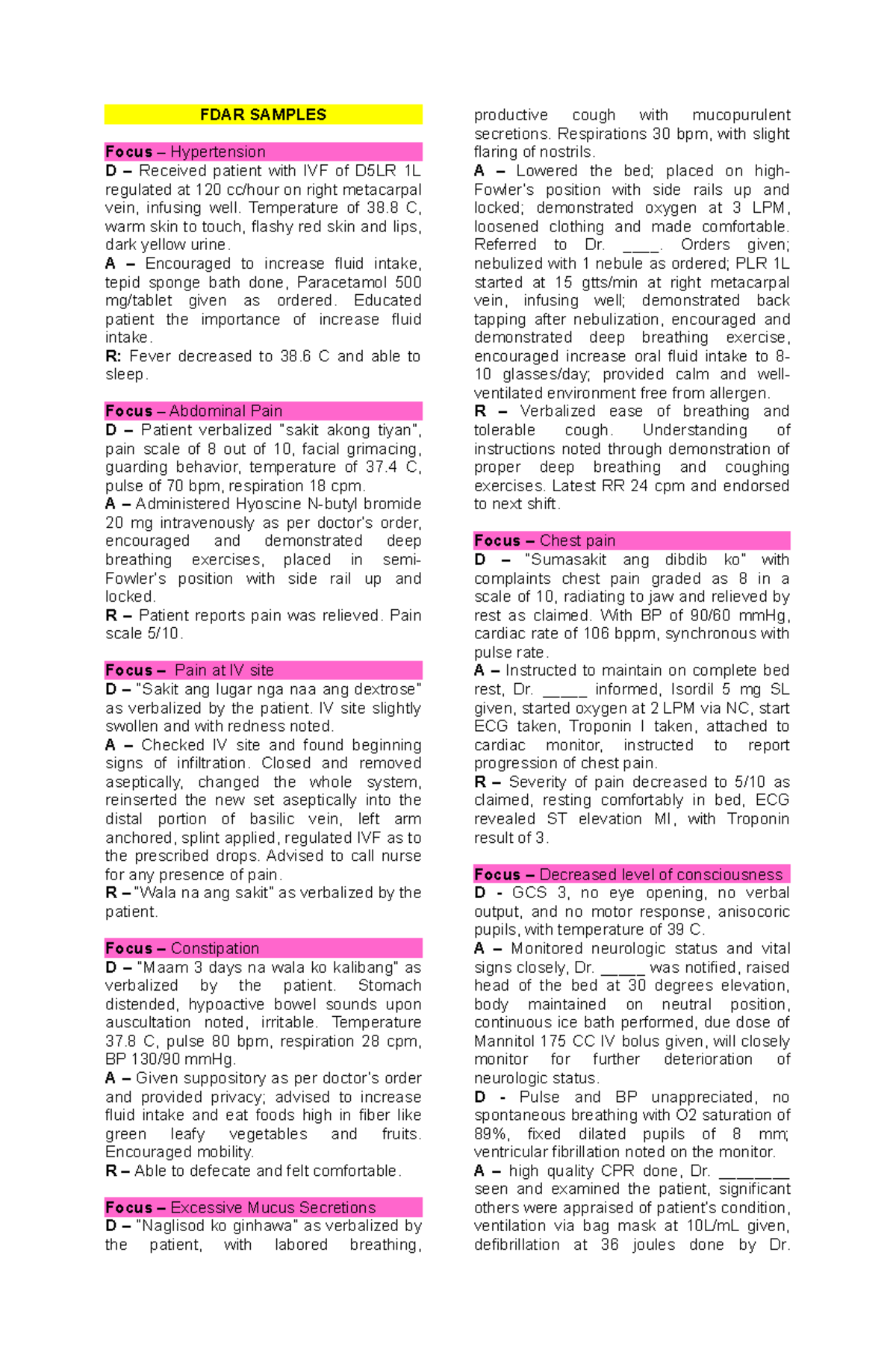 FDAR Samples - Fundamentals - FDAR SAMPLES Focus – Hypertension D ...