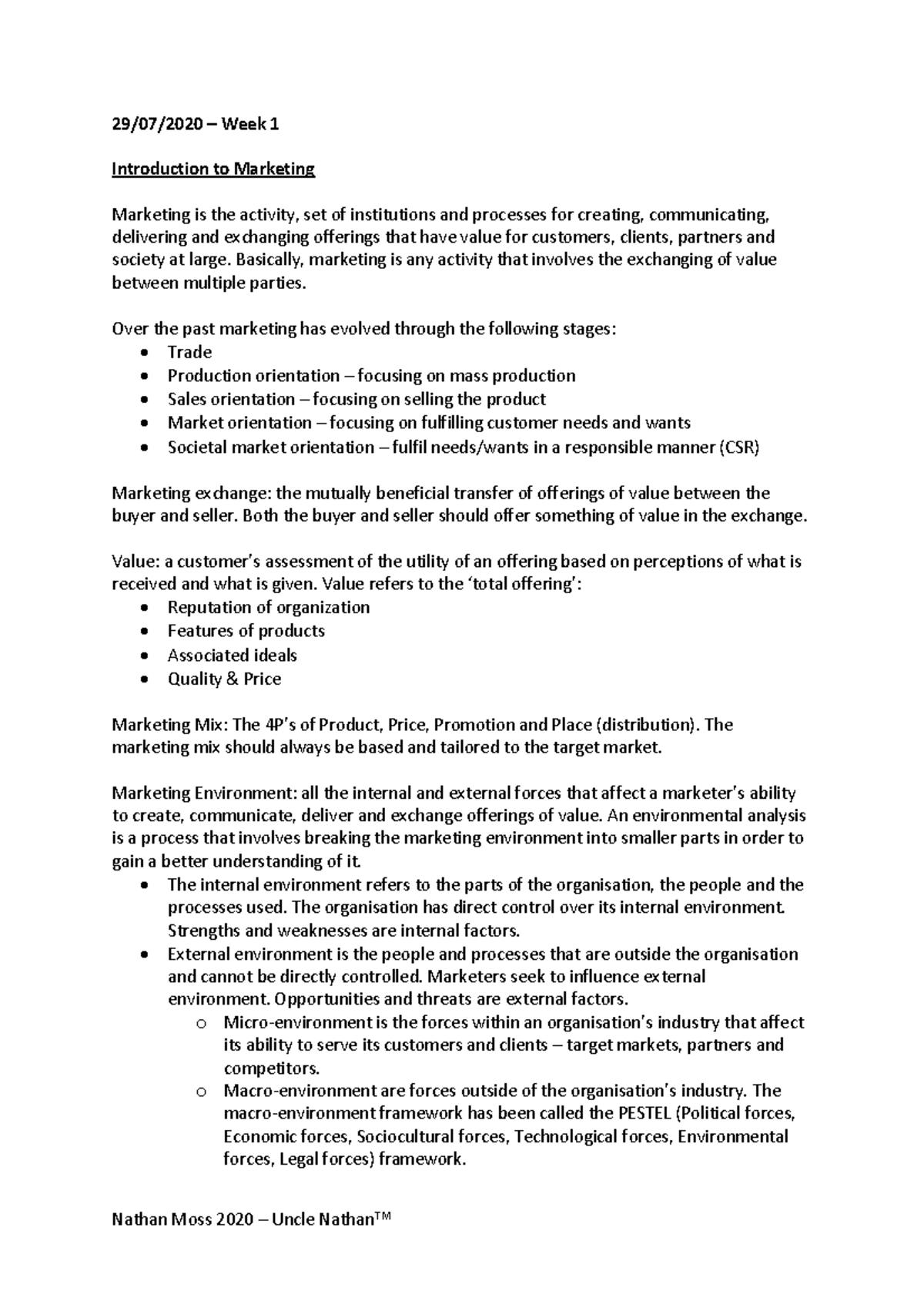 Marketing Lecture Notes - 29/07/2020 – Week 1 Introduction to Marketing ...
