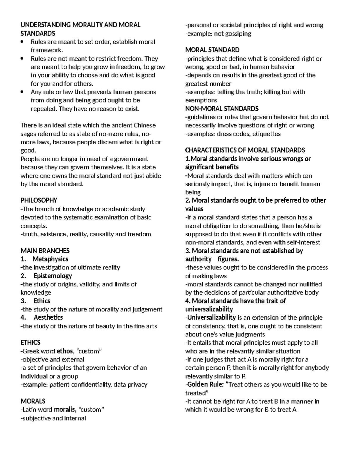 Ethics Prelim - Notes - UNDERSTANDING MORALITY AND MORAL STANDARDS ...