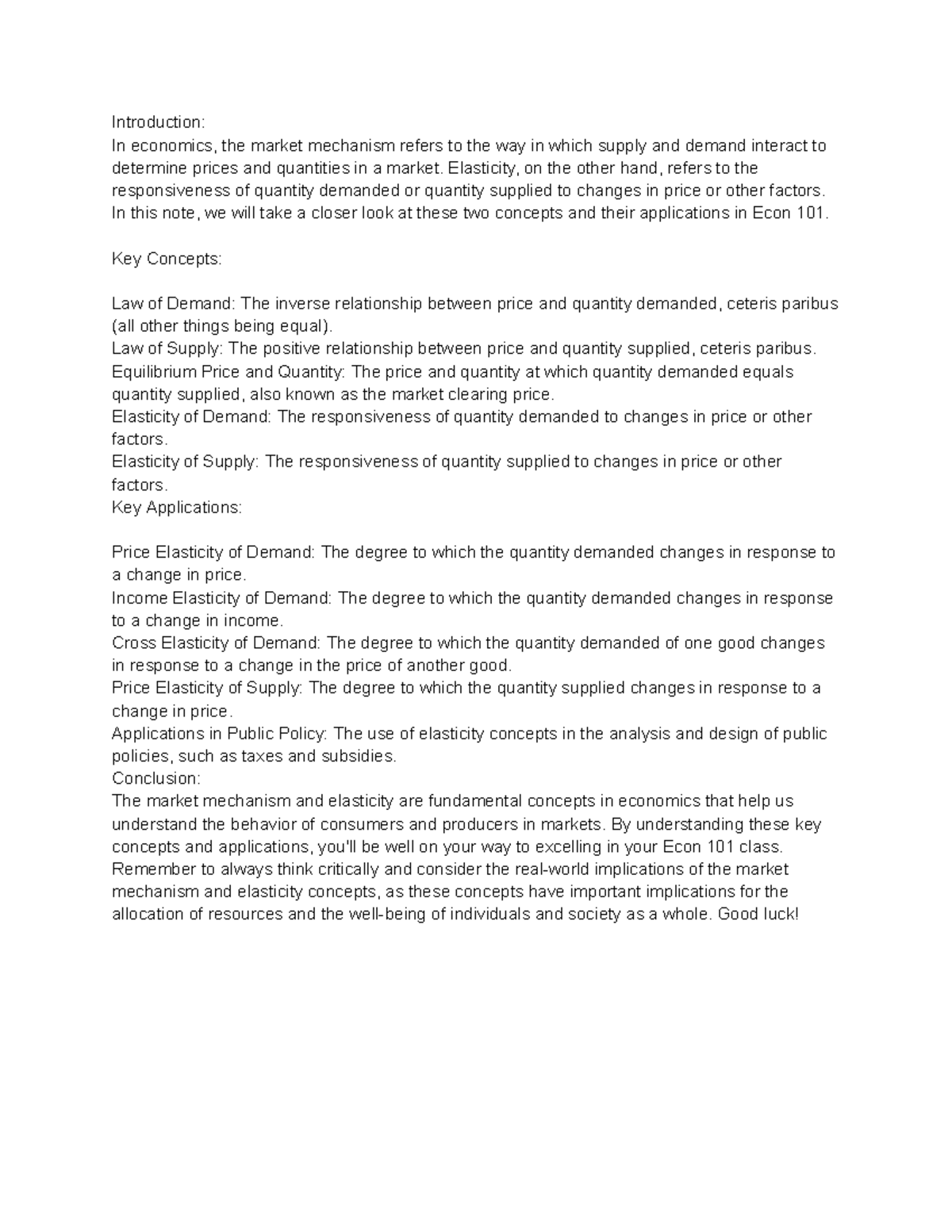 The Market Mechanism and Elasticity - Introduction: In economics, the ...