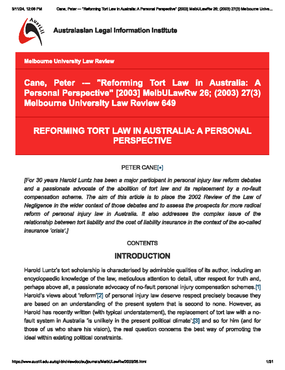 Tort analysis article - LLB 240 - Studocu