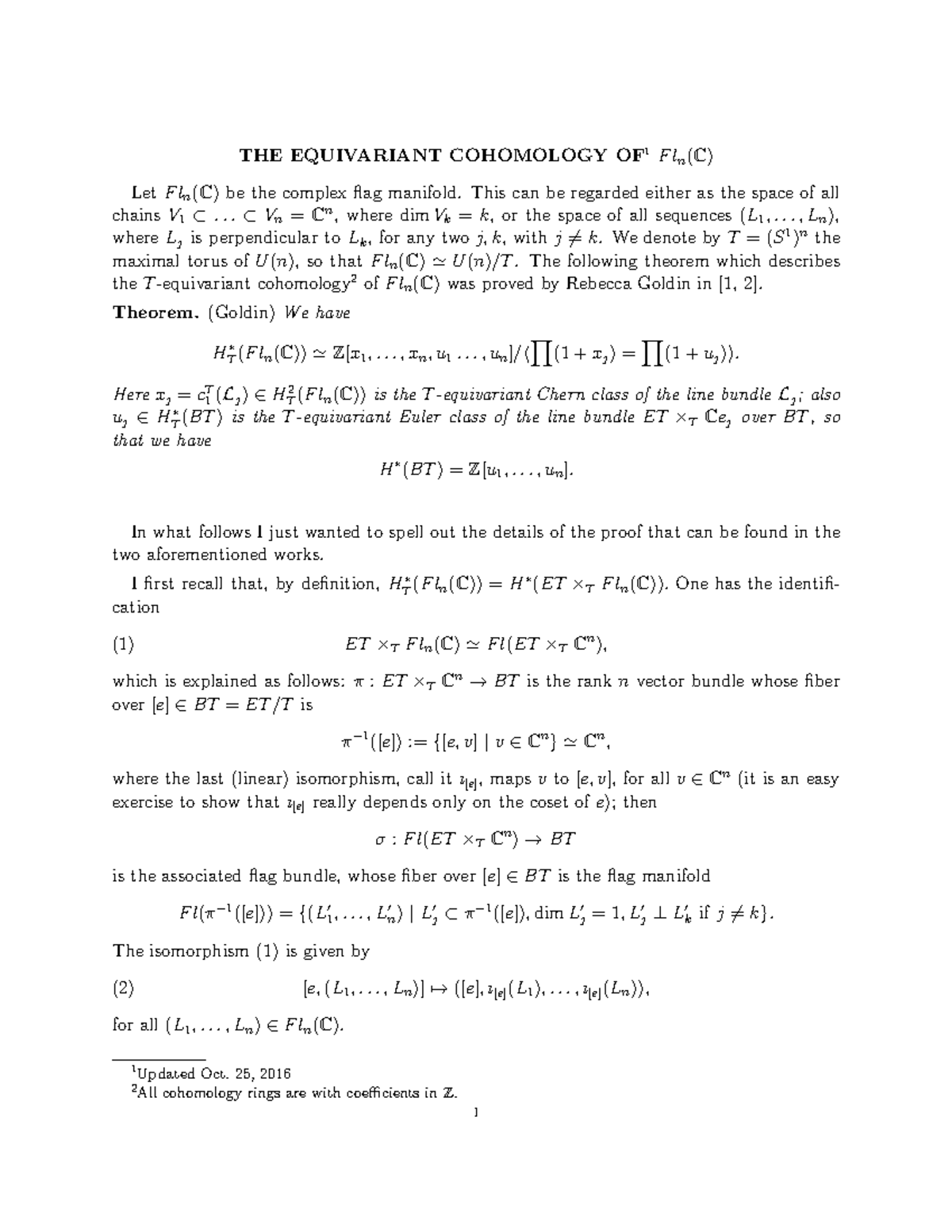 Equivcohfl Lecture Note The Equivariant Cohomology Of1 Fln C The Equivariant Studocu