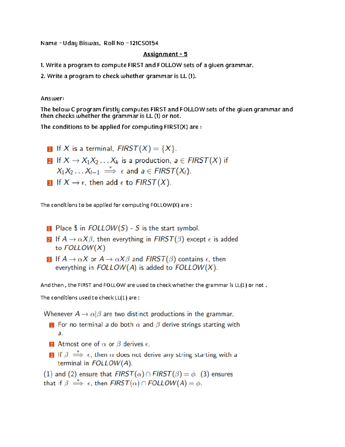 First and follow - Name – Uday Biswas, Roll No – 121CS Assignment - 5 ...