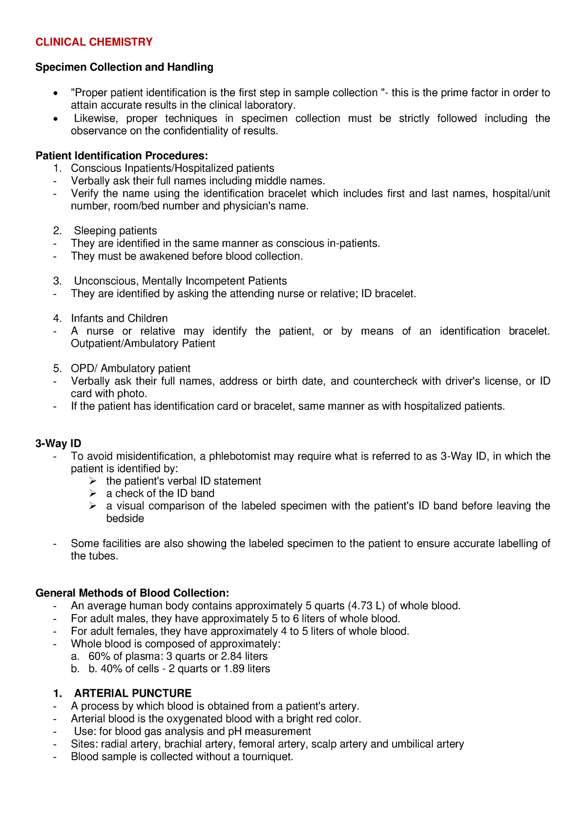 Specimen Collection and Handling (Clinical Chemistry Outline ...