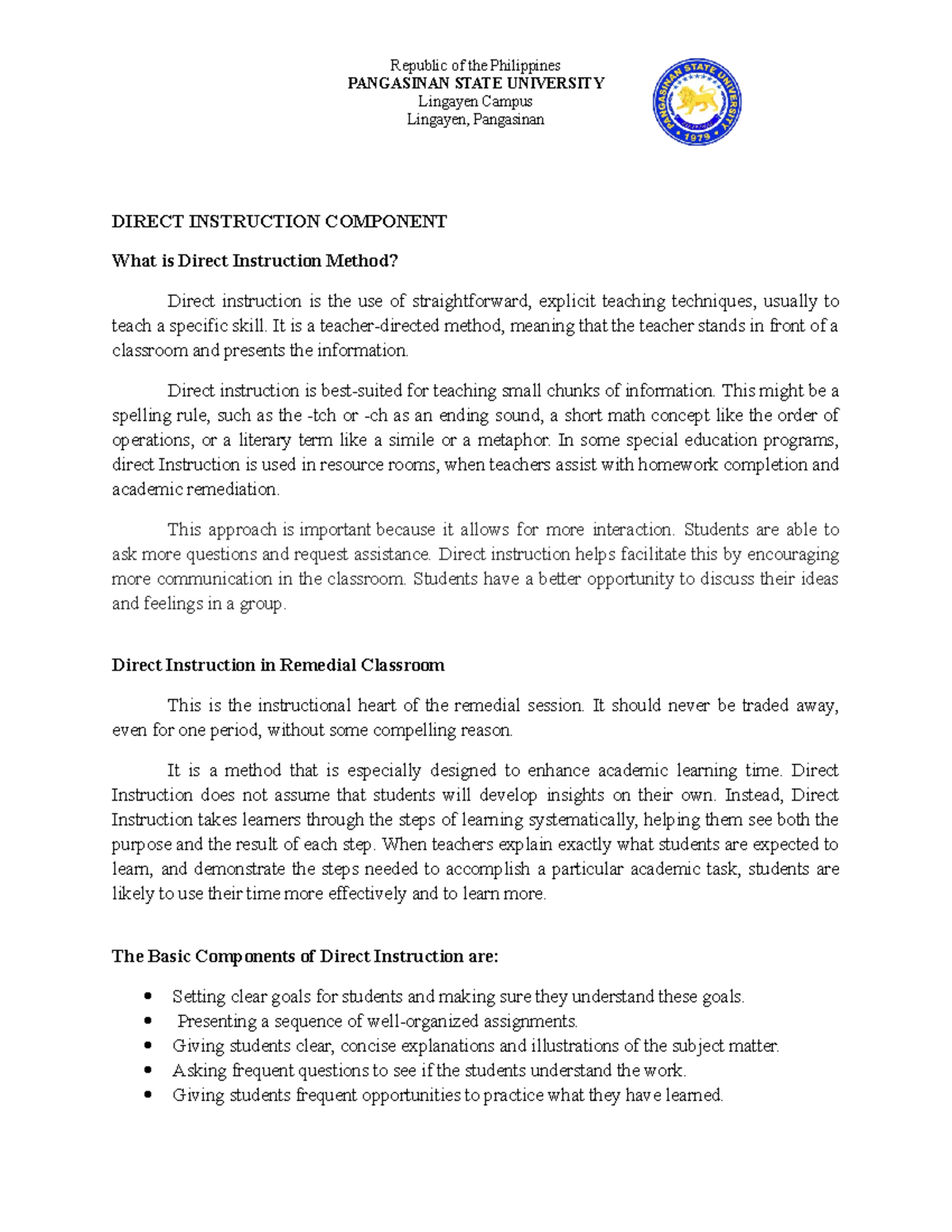 Direct Instruction Component - Bachelor of Secondary Education - MAPEH ...