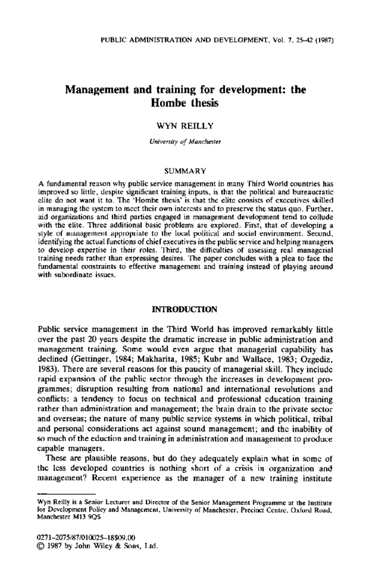 Reilly - 1987 - Management and training for development The Hombe ...