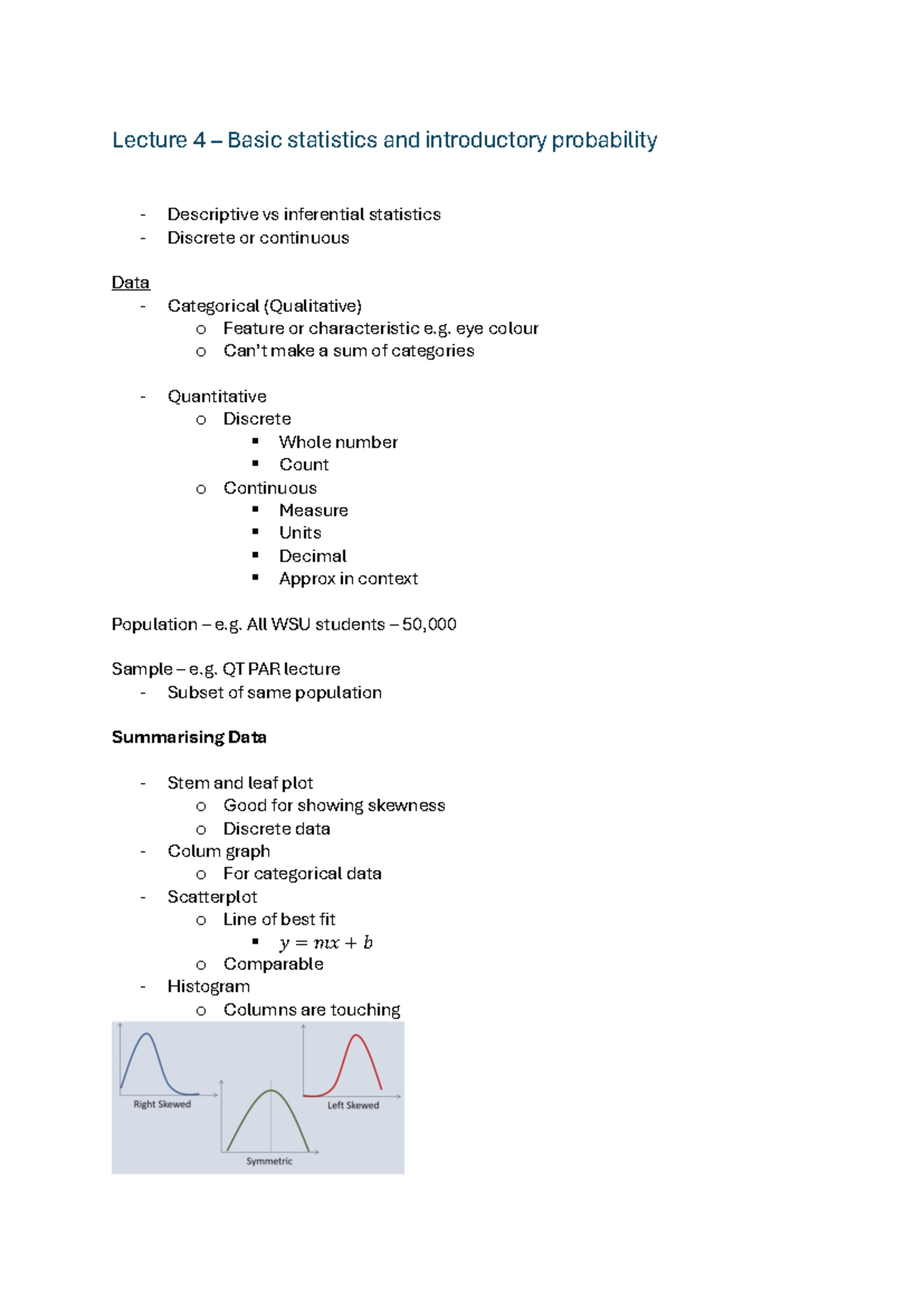 Lecture 4 Notes Basic Statistics and Introductory Probability - Lecture ...