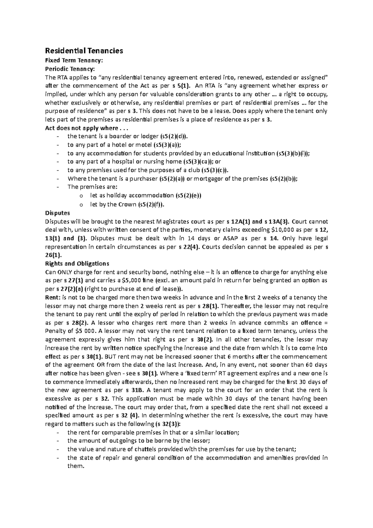 Prop Exam Notes Sem 2 - RTA And CTA Tenancies - Residential Tenancies ...