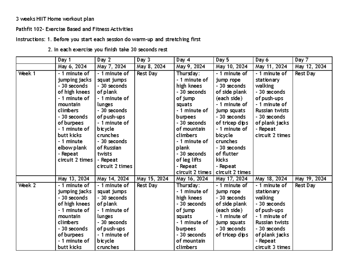3 weeks HIIT Home workout plan - Before you start each session do warm ...