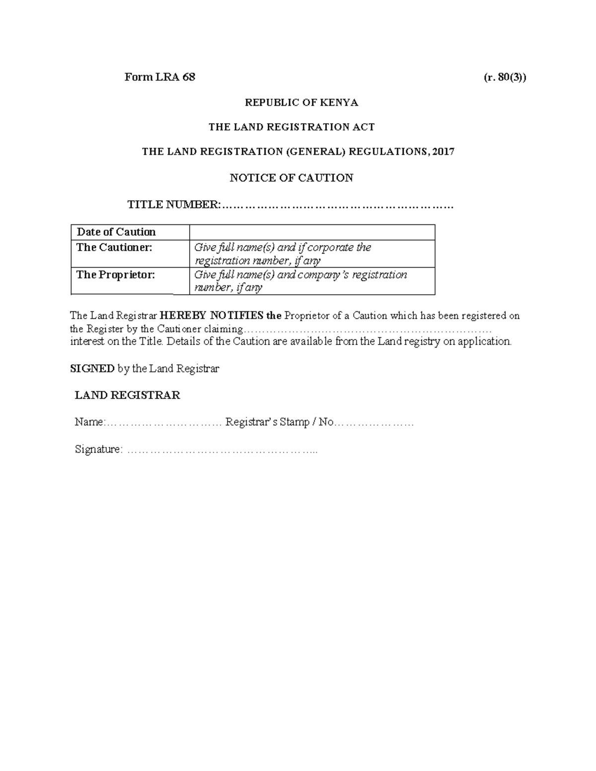 Form LRA 68 Notice OF Caution - Form LRA 68 (r. 80(3)) REPUBLIC OF ...