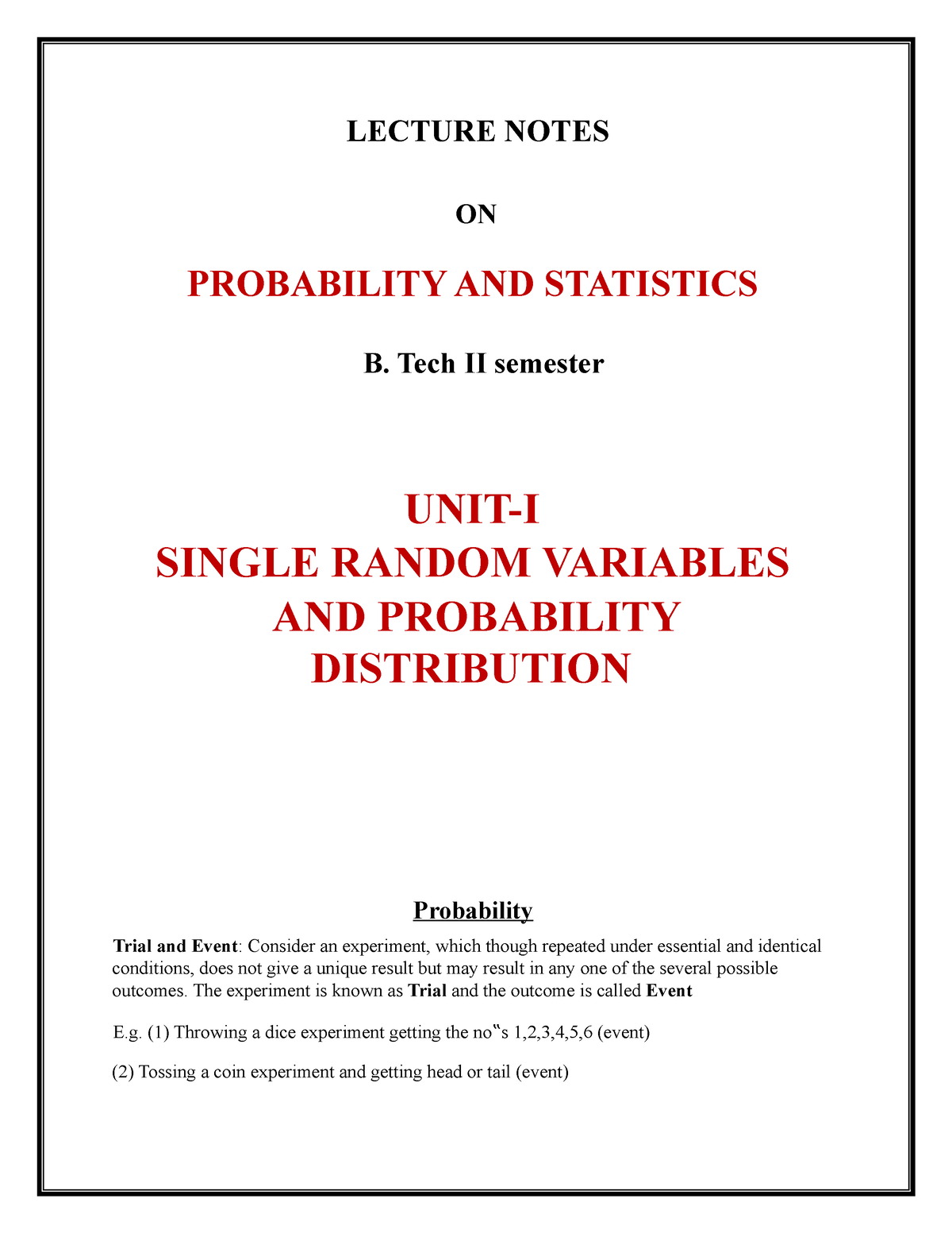 UNIT 1 - UNIT 1 - LECTURE NOTES ON PROBABILITY AND STATISTICS B. Tech ...