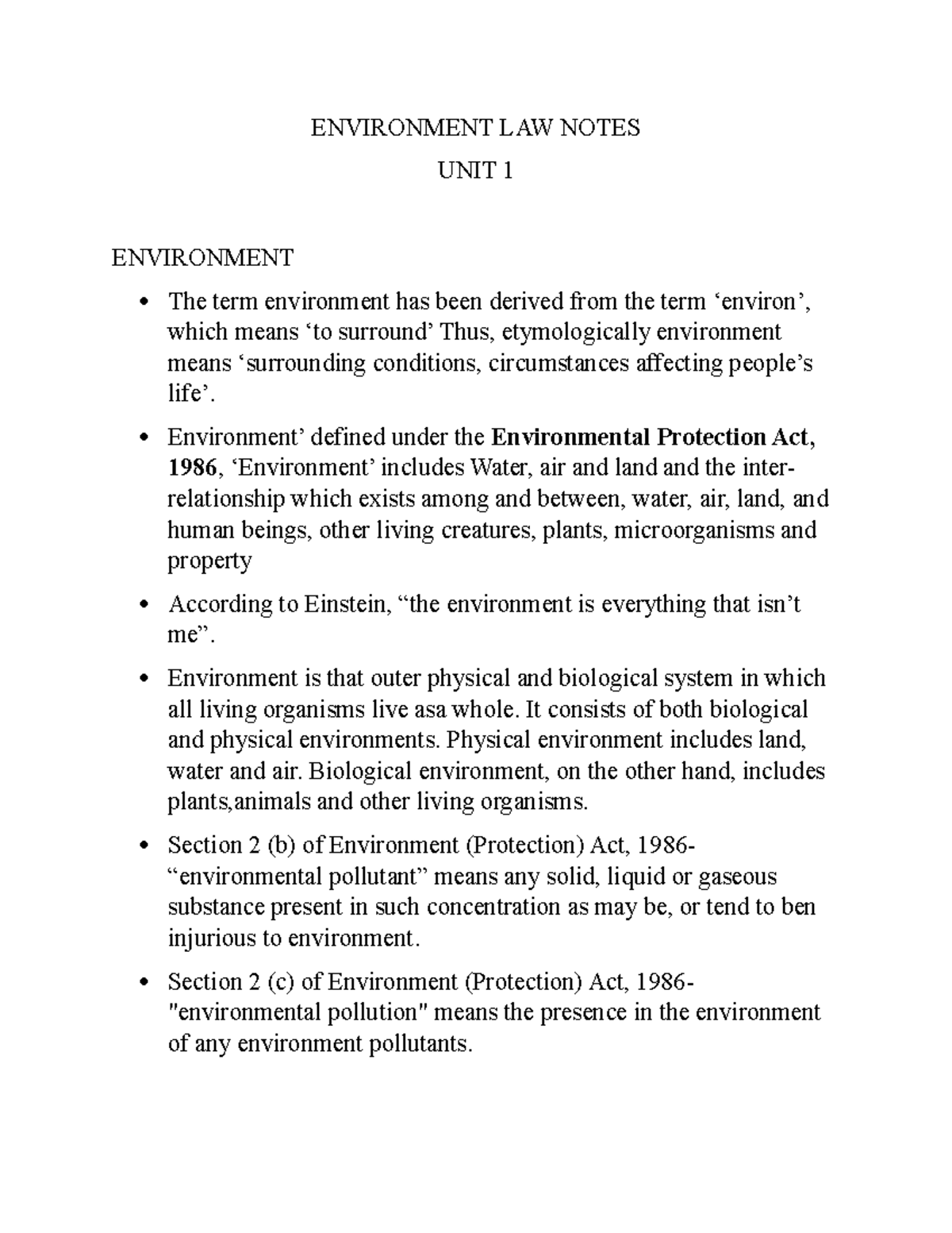 Environment Law Notes ada ENVIRONMENT LAW NOTES UNIT 1 ENVIRONMENT