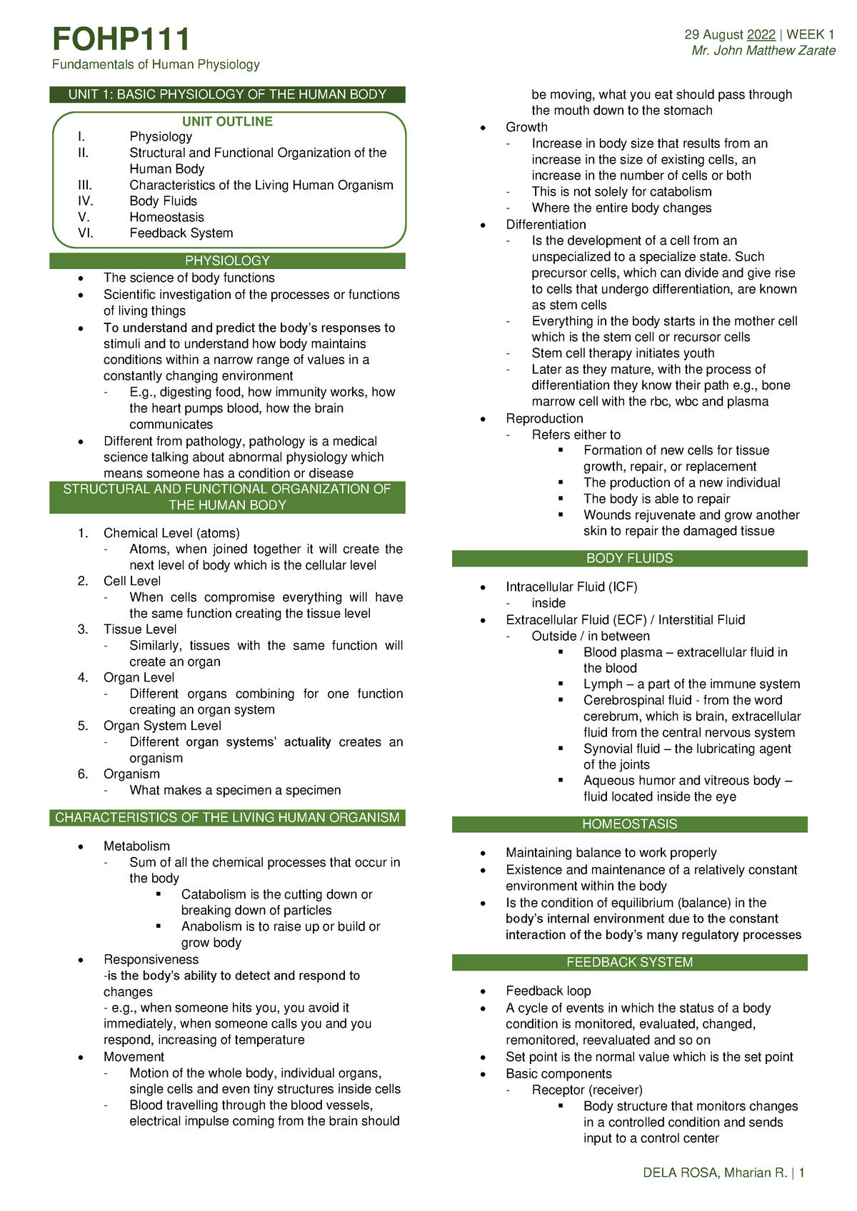 FOHP111 UNIT 1 - Our Lady of Fatima University - FOHP Fundamentals of ...