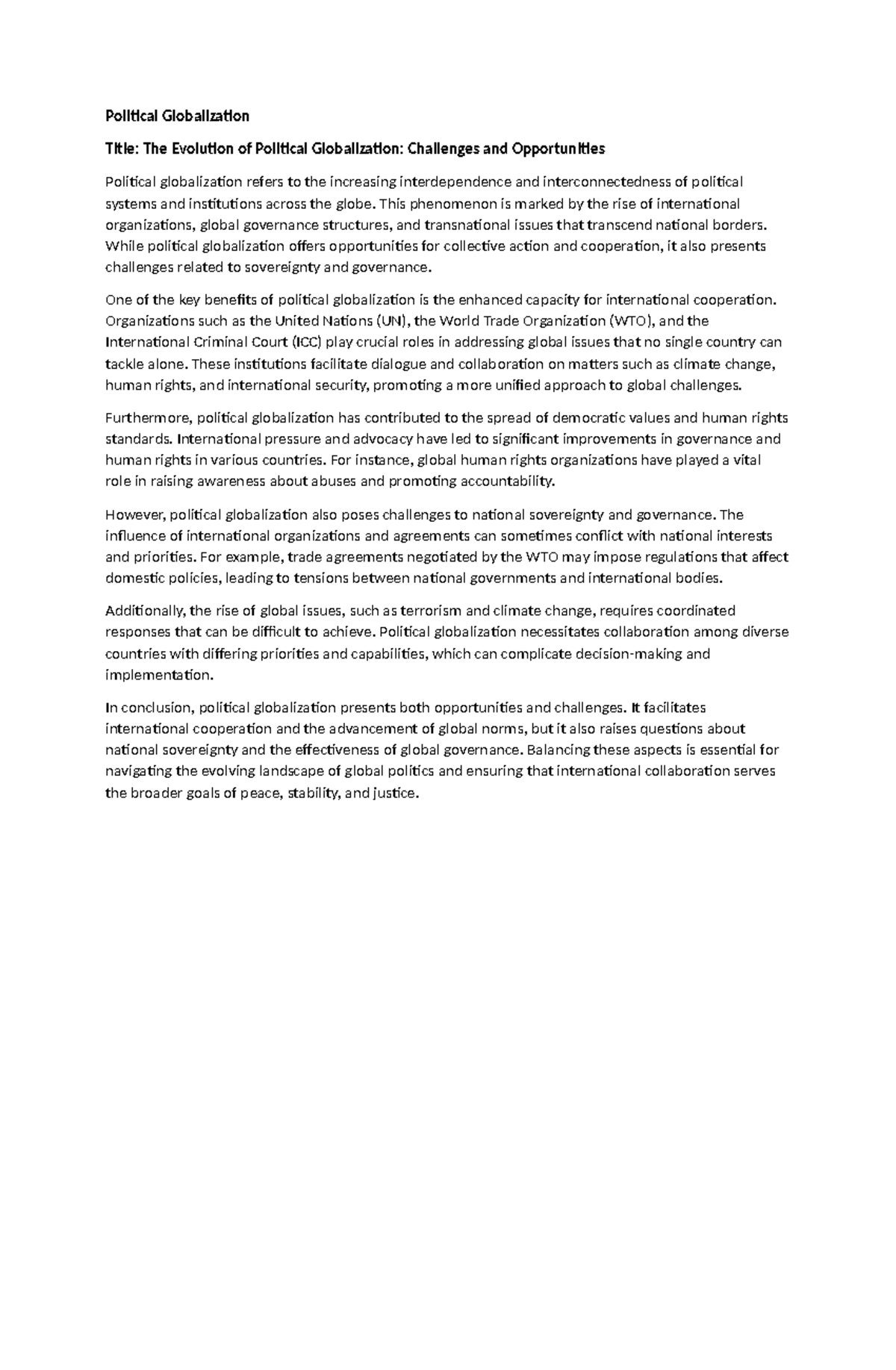Political Globalization - This phenomenon is marked by the rise of ...