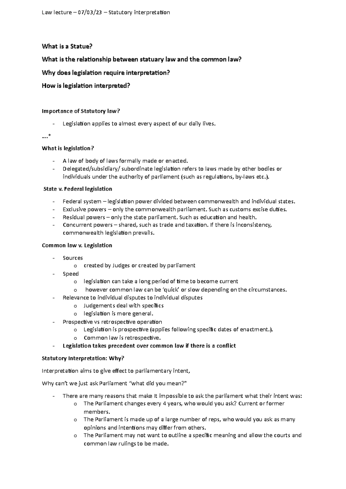 Lecture 2 (week 2) notes What is a Statue? What is the relationship