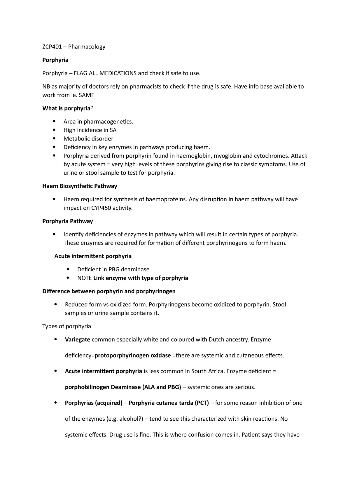 Porphyria Summary - ZCP401 Pharmacology Porphyria Porphyria FLAG ALL ...