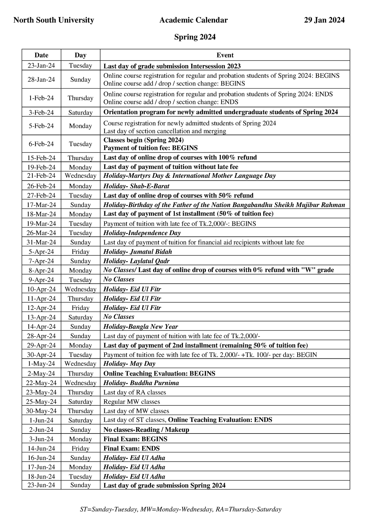 Academic calendar spring 2024 29 jan 2024 North South University