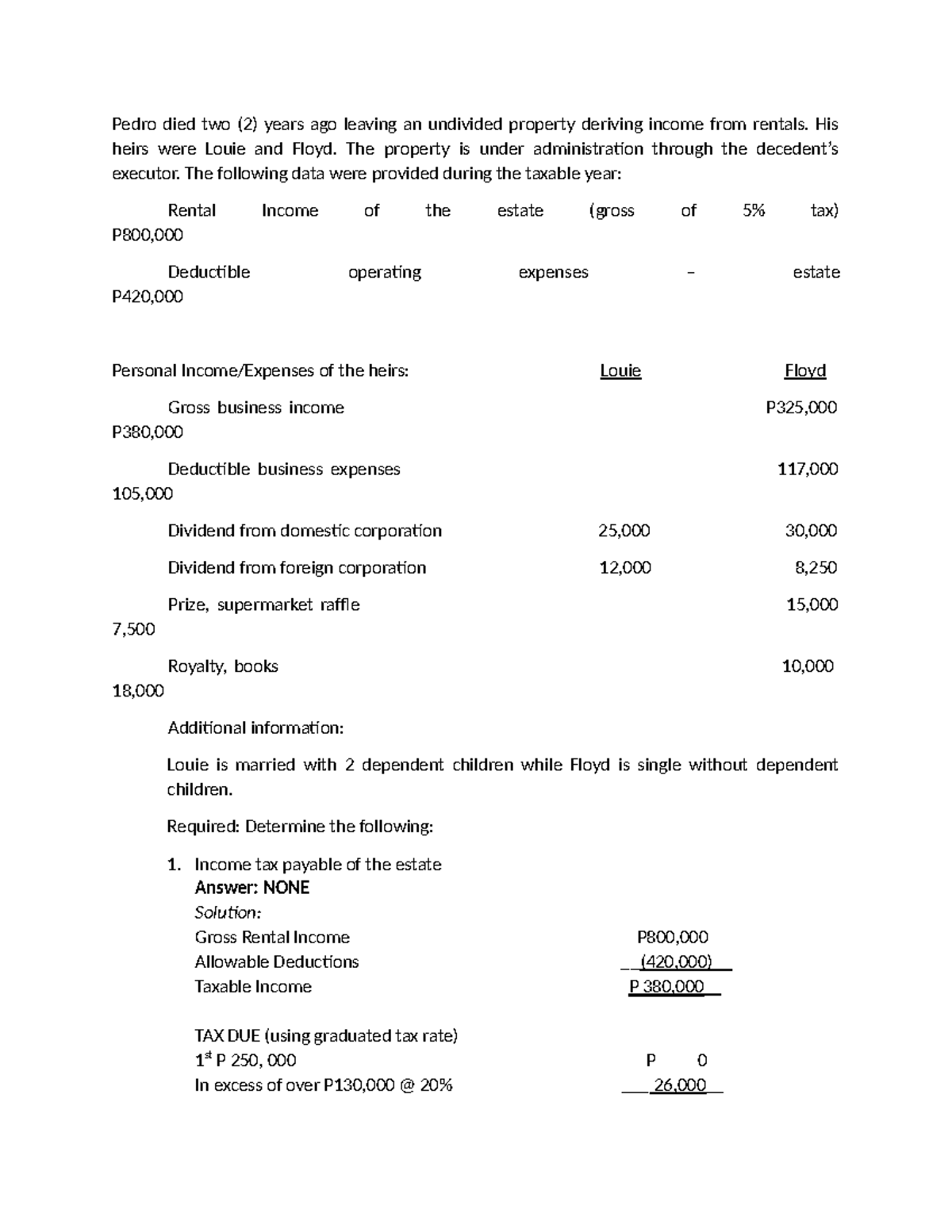 Filsdfa 342we Taxation Pedro died two (2) years ago leaving an