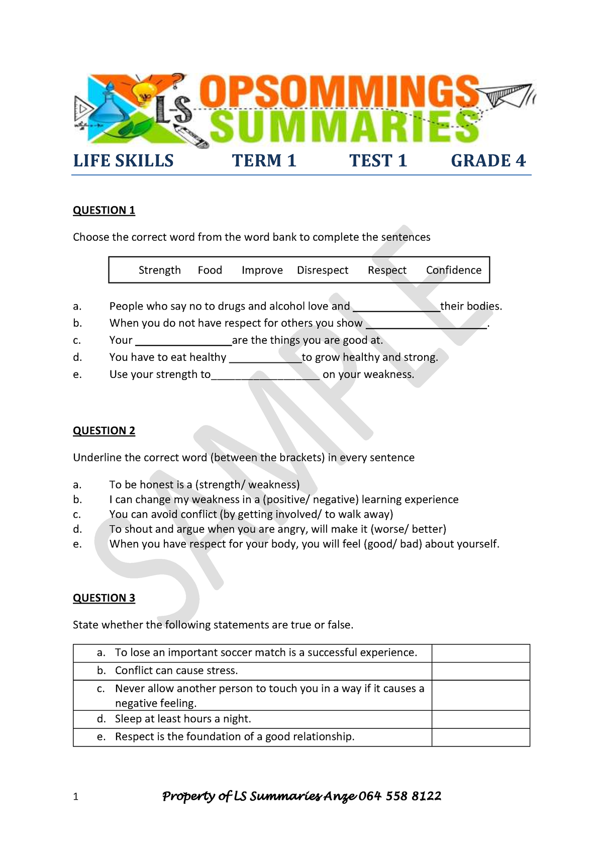 life skills grade 4 assignment