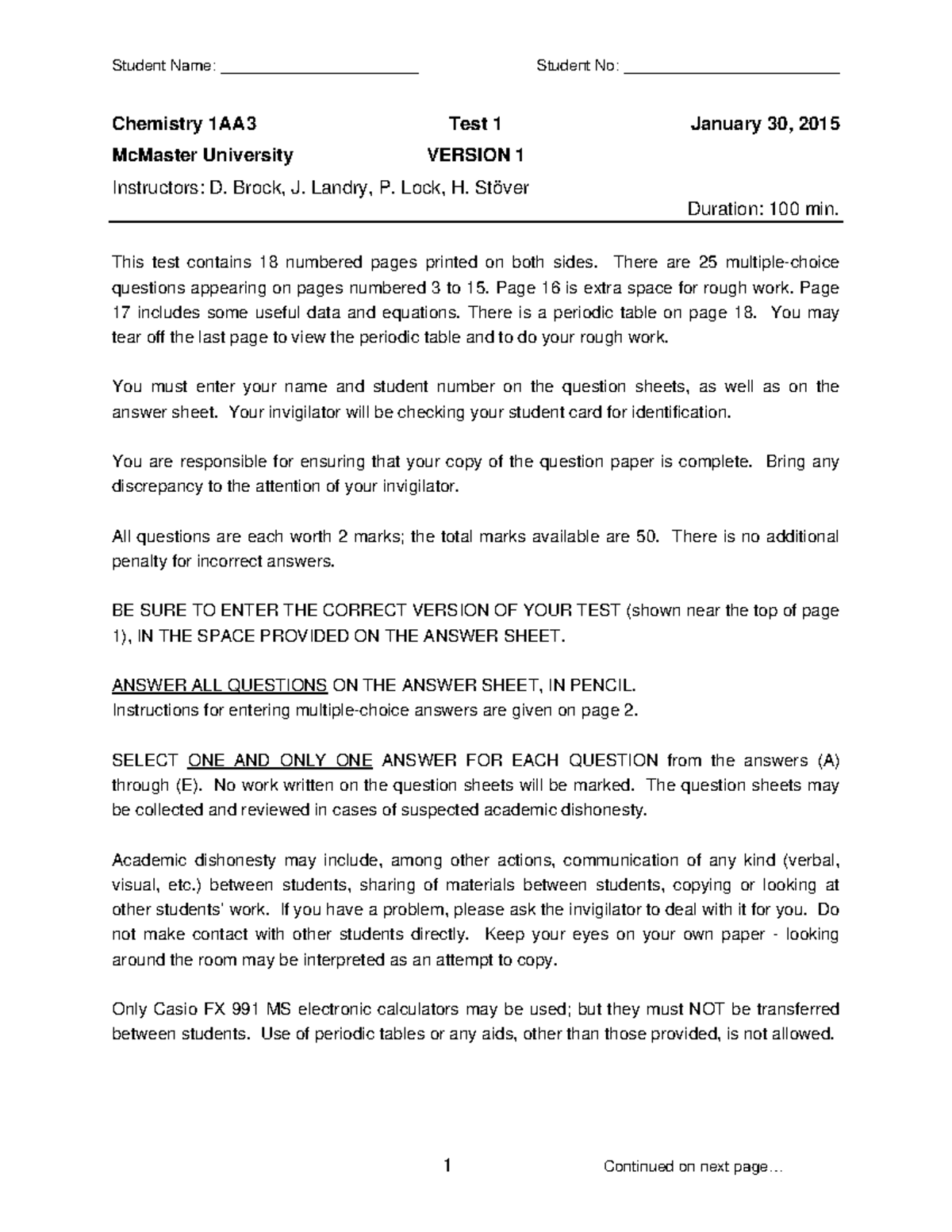 Test 1 2015 - Test 2019 3, chem bio, physics - Chemistry 1AA3 Test 1 ...