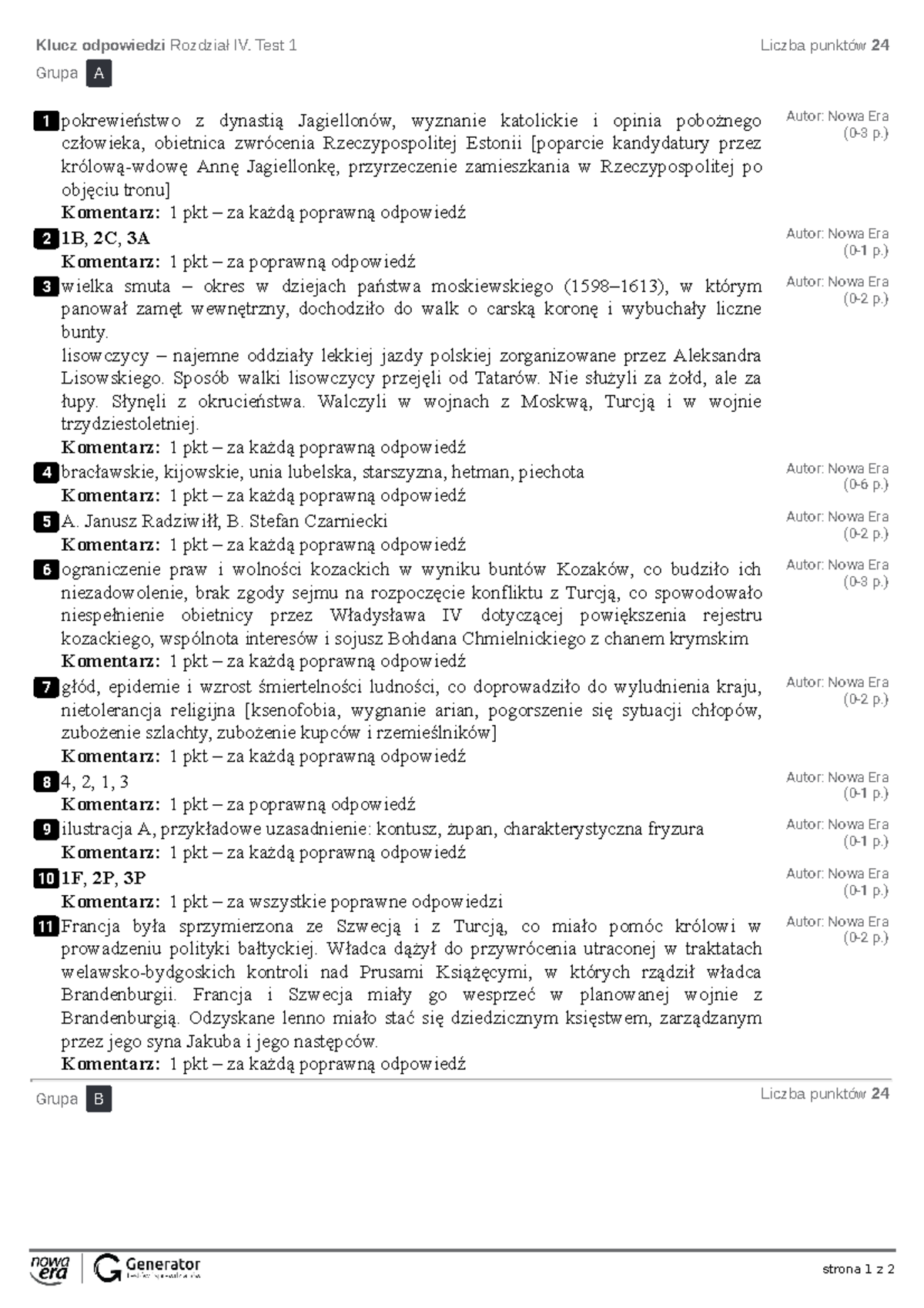 Klucz - Historia - strona 1 z 2 Klucz odpowiedzi Rozdział IV. Test 1