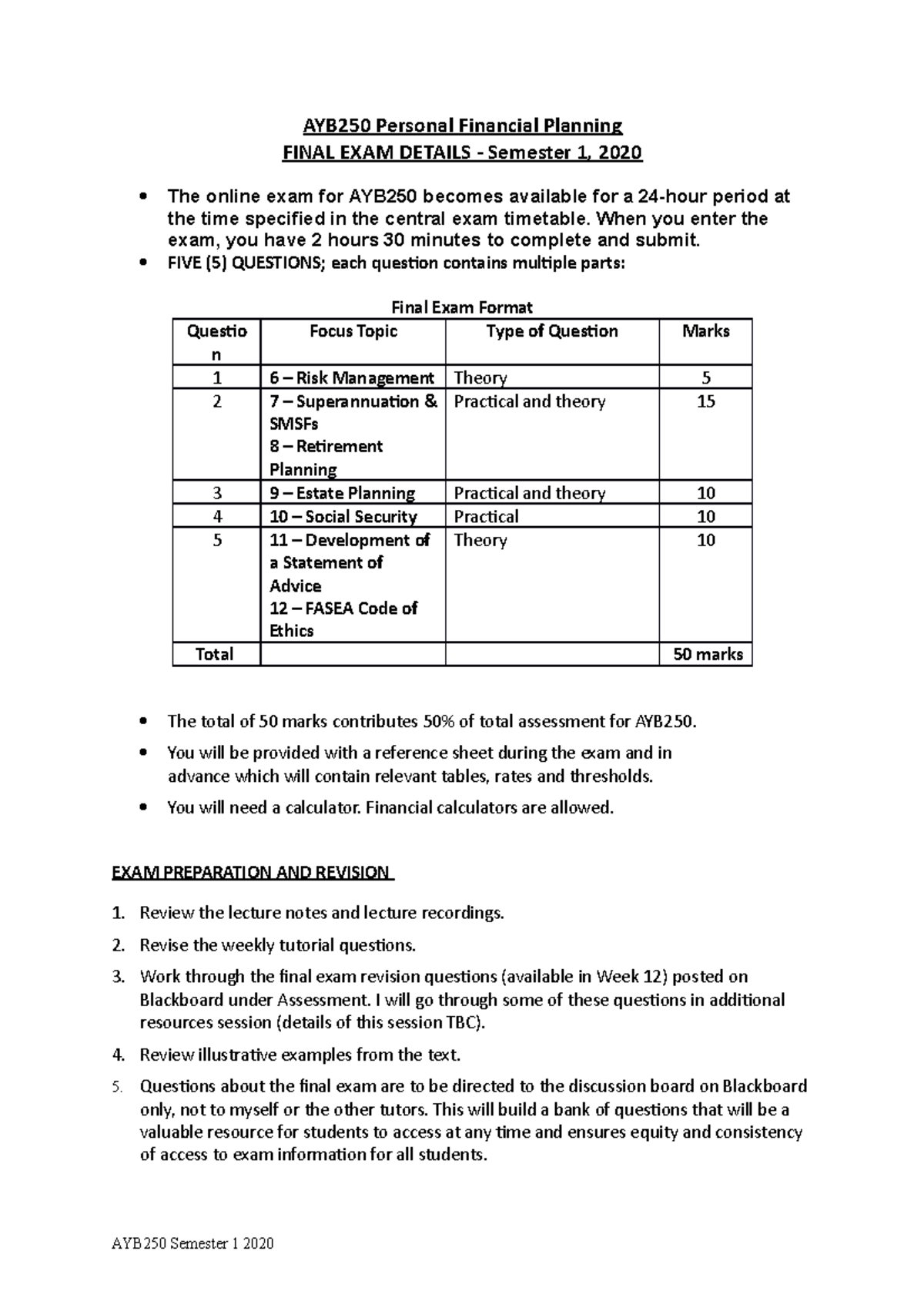 AYB250 Final Exam Information 2020 AYB250 Personal Financial Planning