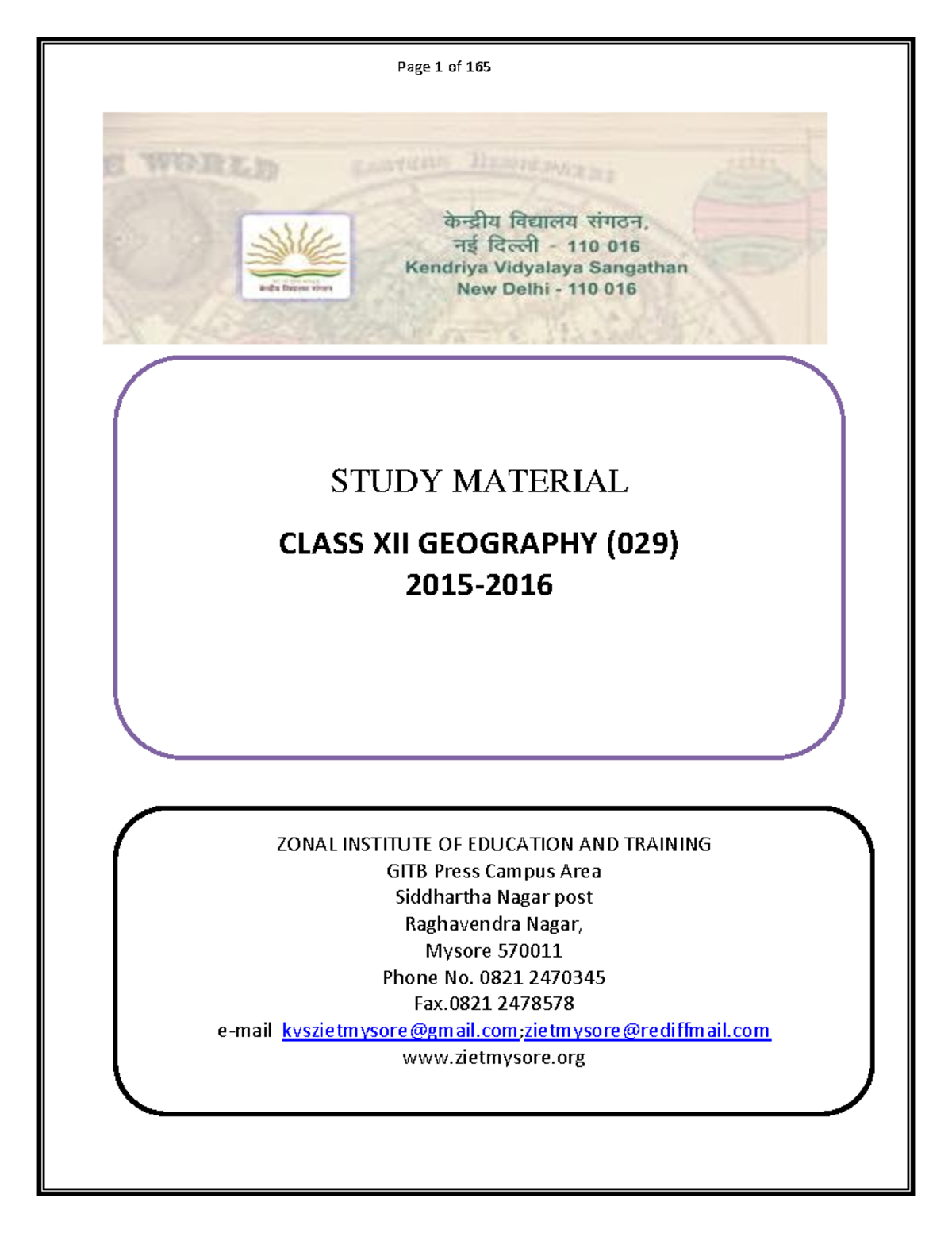 Study Material Class XII Geography - ####### ZONAL INSTITUTE OF ...