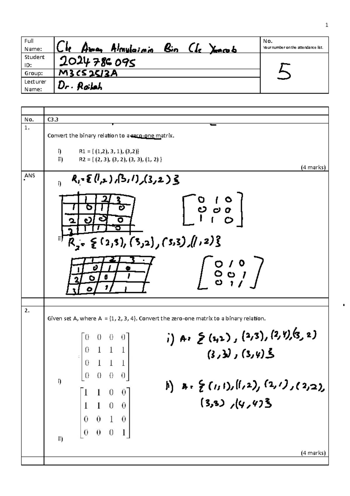 Discrete Mathematics C3.3 - Full Name: No. Your number on the ...