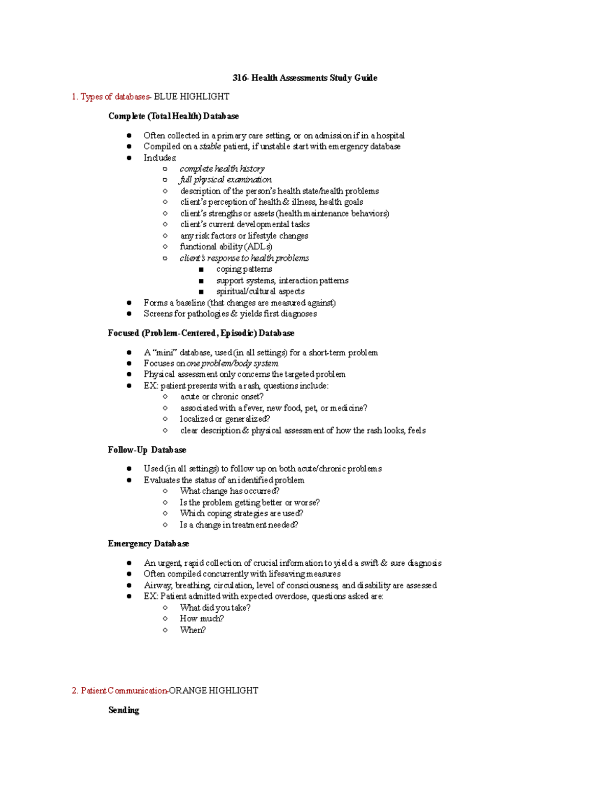 Exam 1 NSG 316 Study Guide - 316- Health Assessments Study Guide Types ...