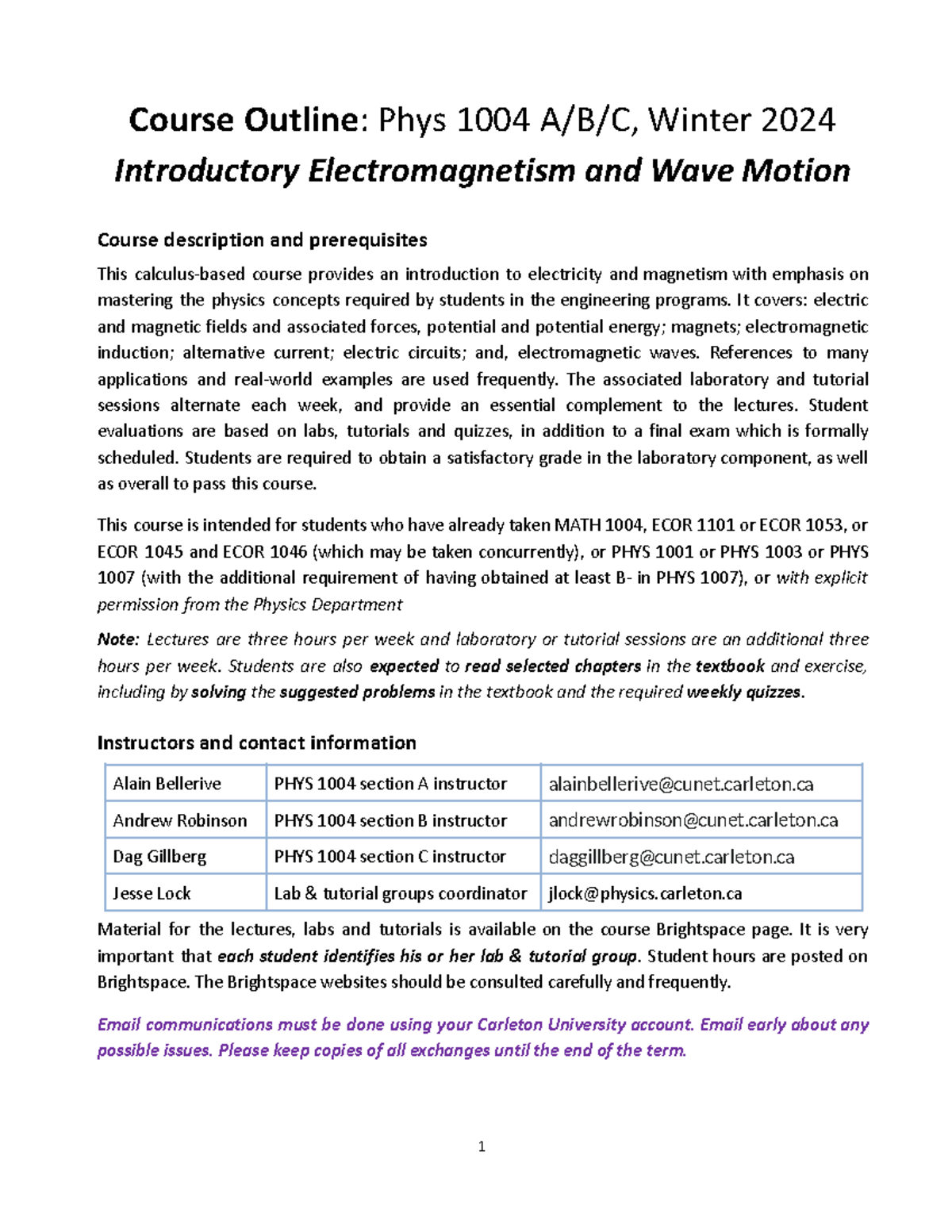 PHYS-1004-Outline - Course Outline: Phys 1004 A/B/C, Winter 2024 ...