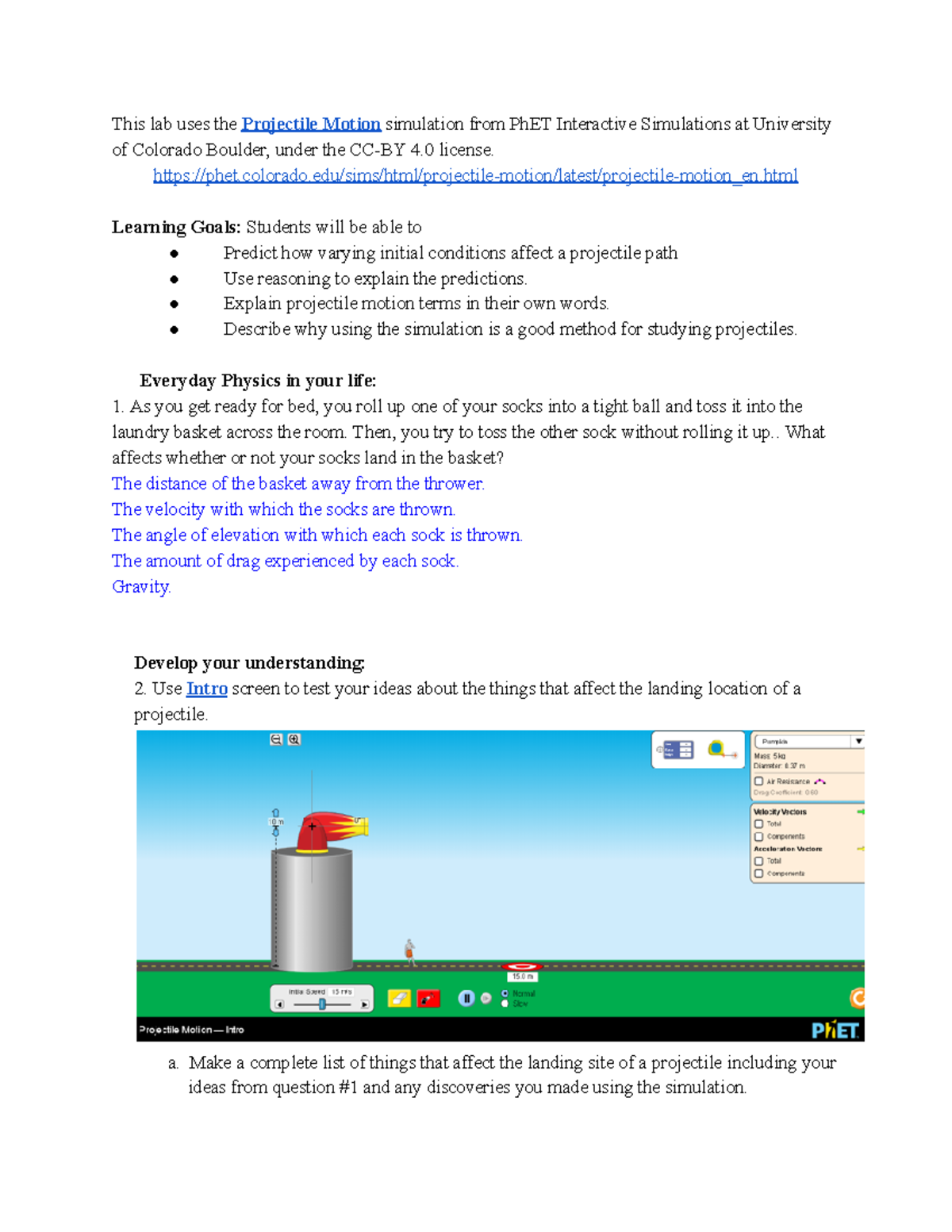 Projectile Motion Sim Lab - This Lab Uses The Projectile Motion ...